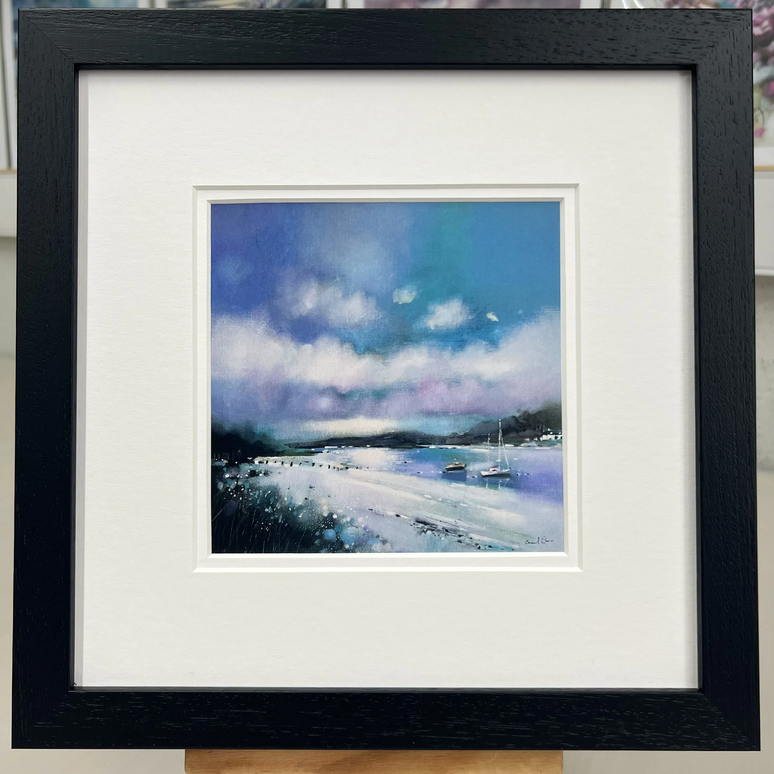 Framed Art Card Silver Sands of Morar, Arisaig, Highlands by Scottish Landscape Artist Emma S Davis. Black Frame Double Mount