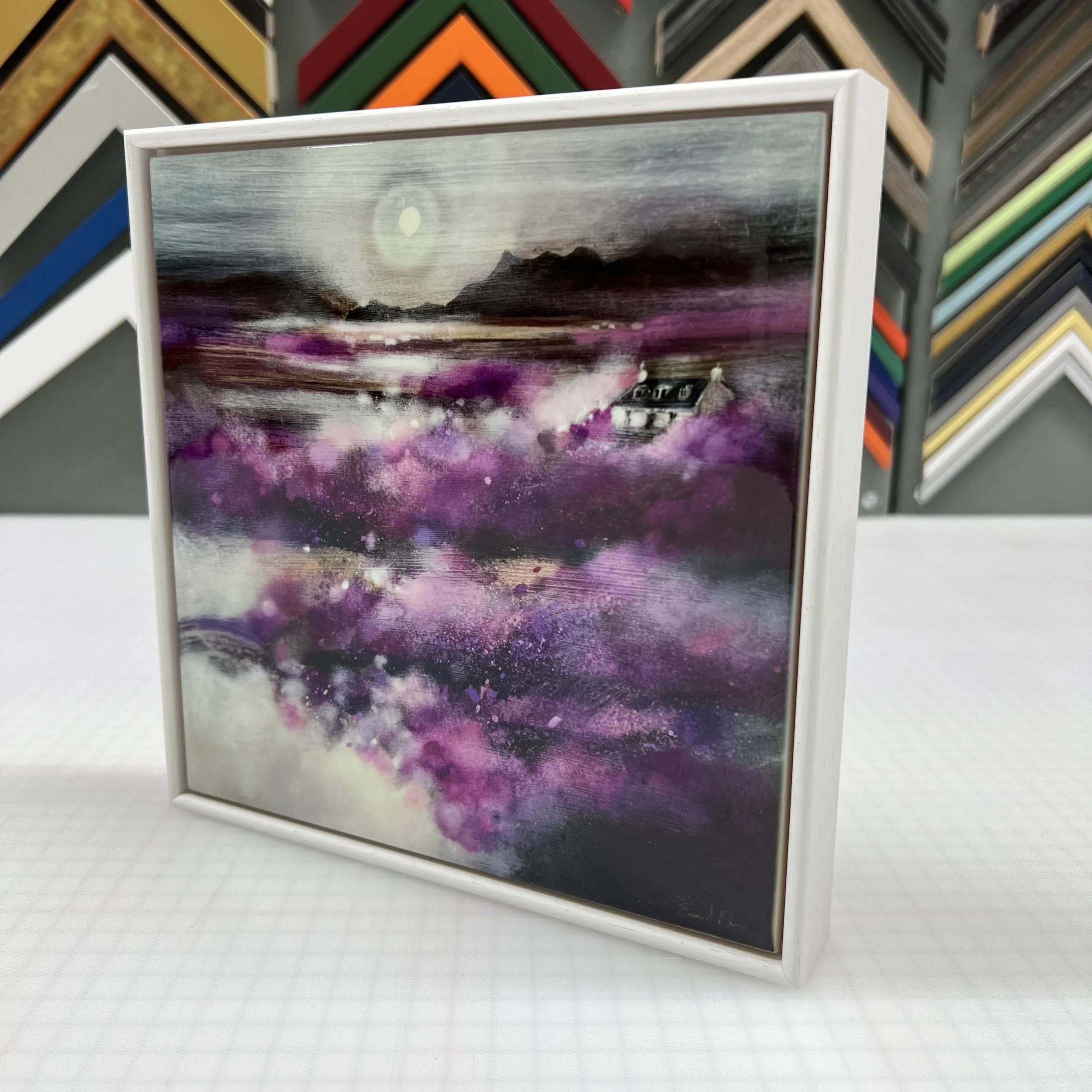 Isle of Skye Heather Scottish landscape framed ceramic tile featuring purple heather inspired by the Isle of Skye by Emma S Davis Artist. Alternate view.