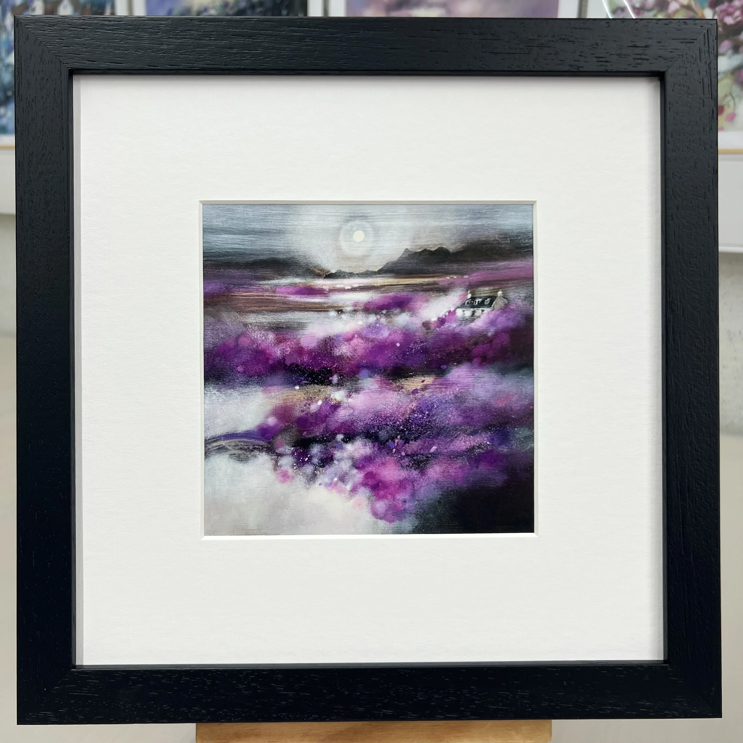 Isle of Skye Heather framed card ready to hang on your wall by Emma S Davis Scottish Landscape Artist mounted in black frame