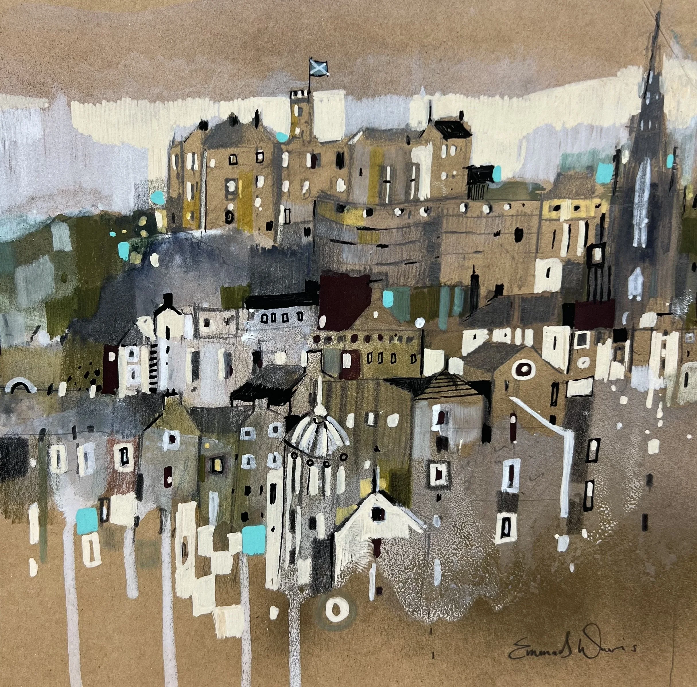 Edinburgh Scottish cityscape original pencil, ink and pastel drawing by Emma S Davis artist
