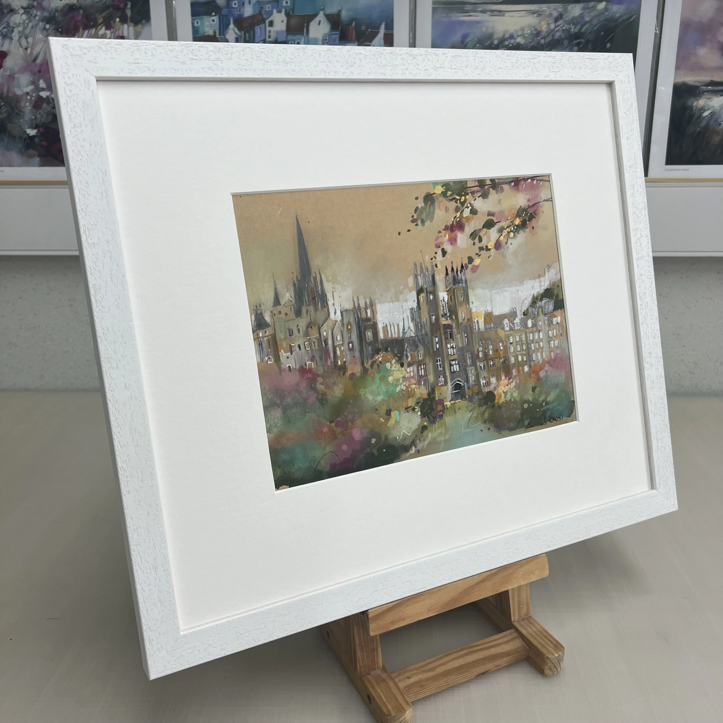 Framed Edinburgh University painting featuring one of Edinburgh’s most recognisable academic landmarks. Side view.