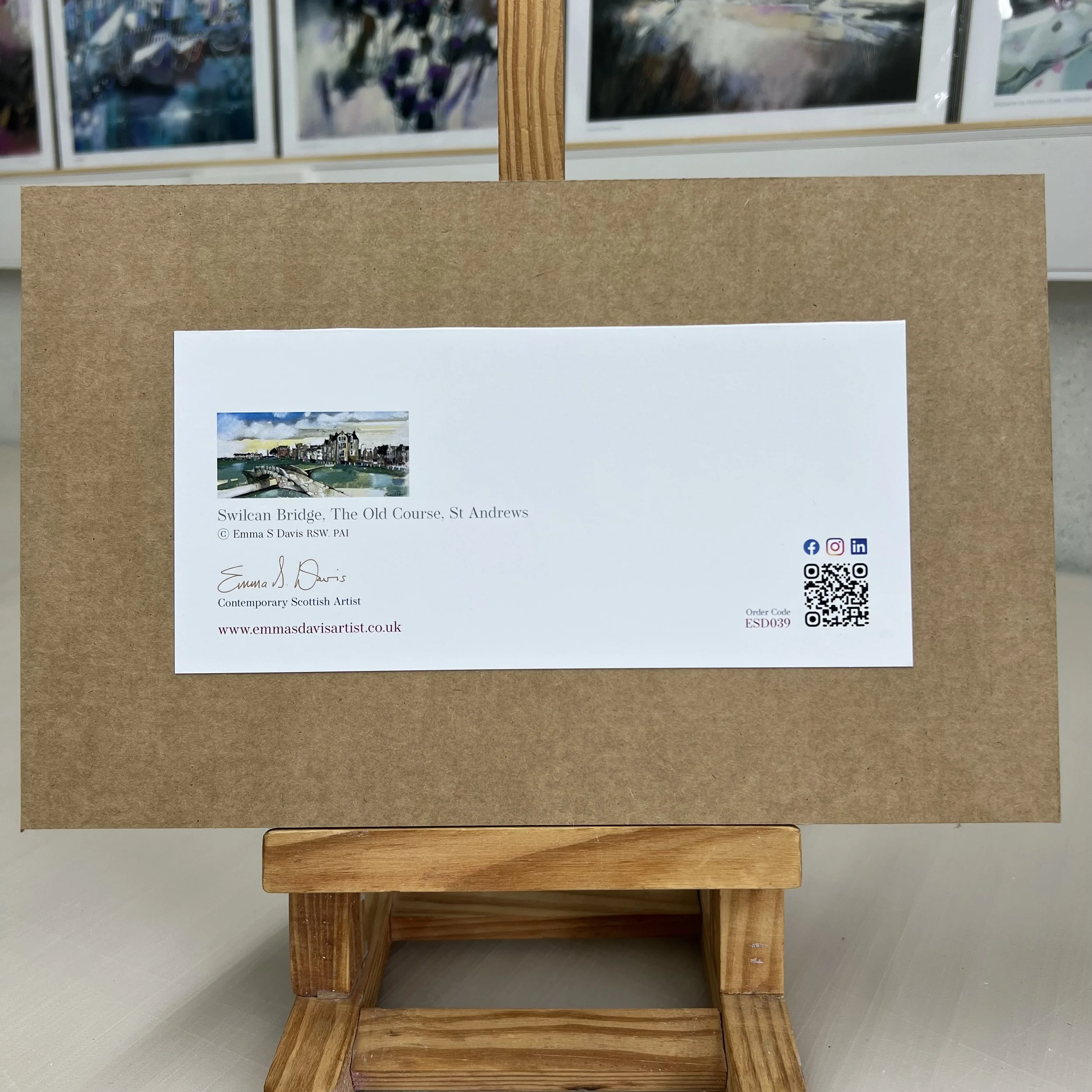 Swilcan Bridge St Andrews greeting card with Old Course and clubhouse by Scottish Landscape Artist Emma S Davis. Rear view of mounted card.