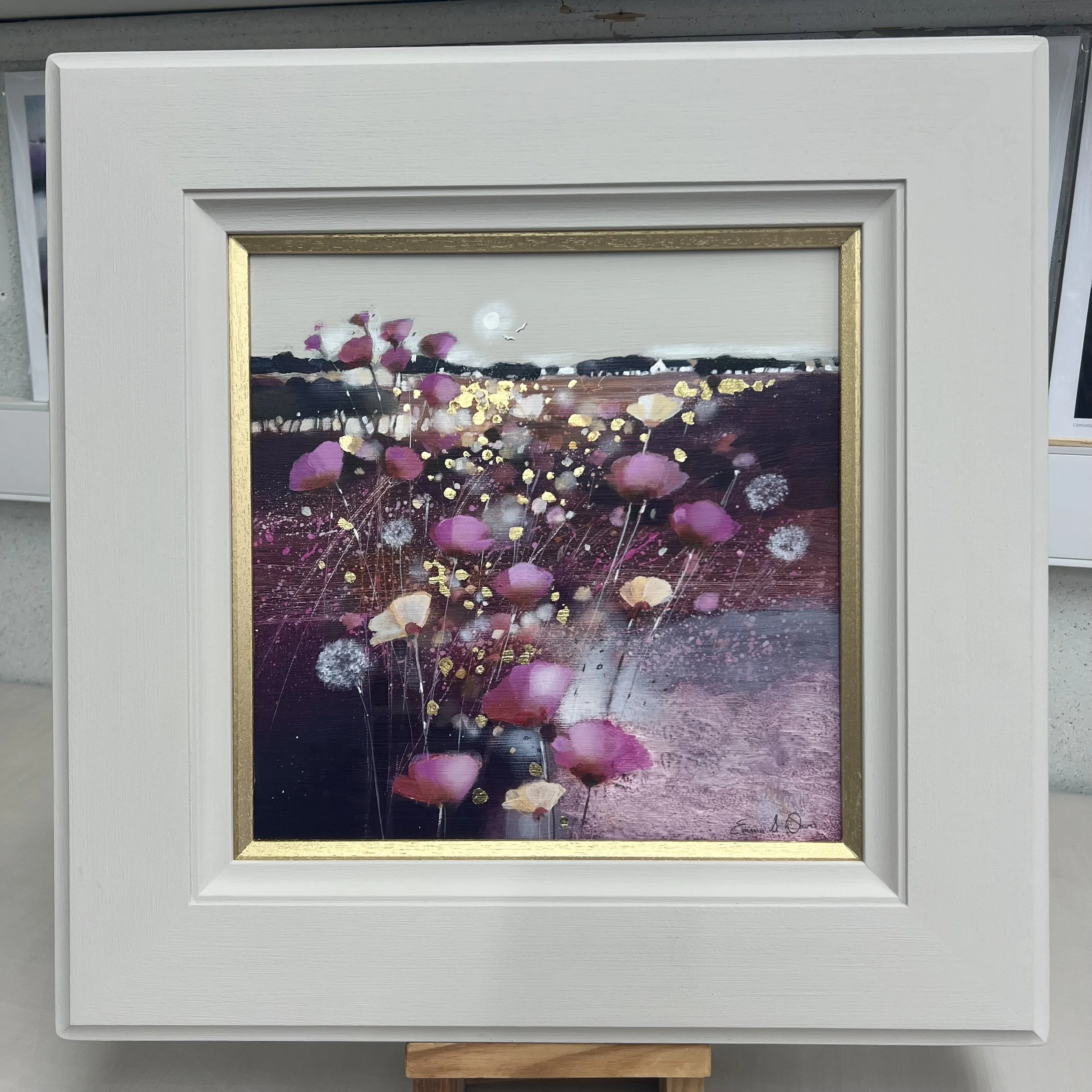 Autumn’s Fallen Stars original Scottish autumn wildflower landscape painting with gold leaf. Framed view.