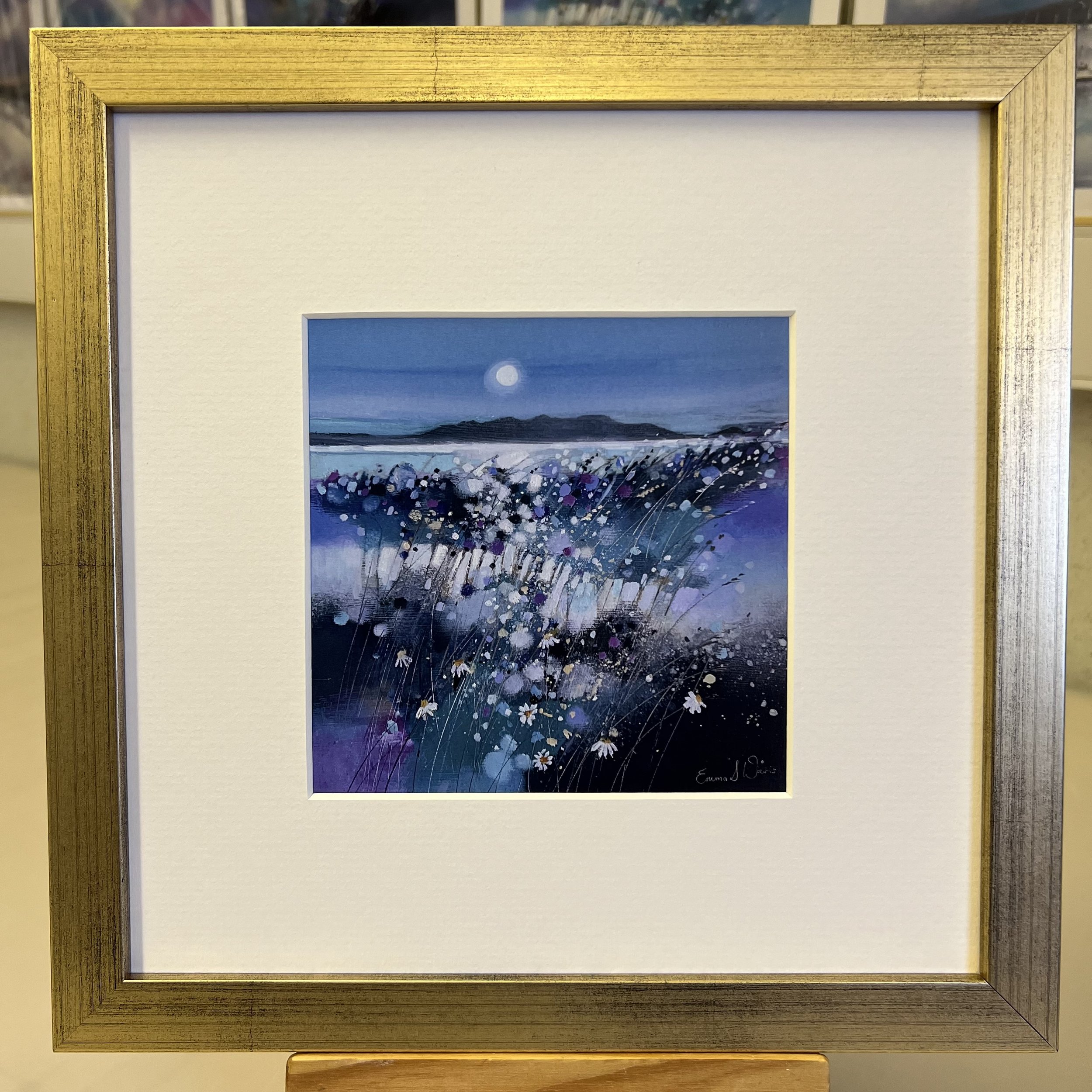 'Moonlight & Arran' framed art card by Emma S Davis Scottish landscape artist framed in gold