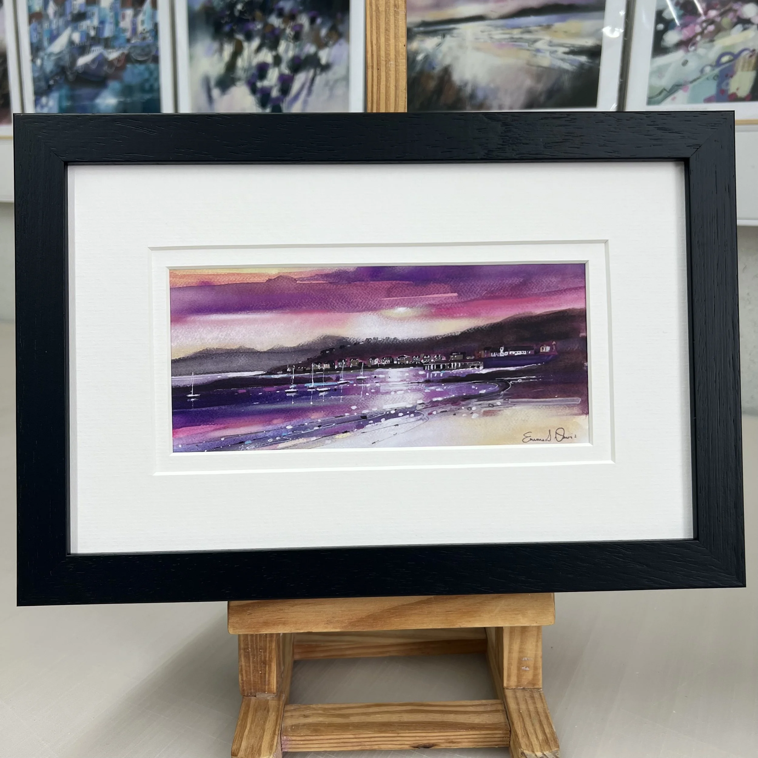 Framed Art Card Millport, Isle of Cumbrae by Scottish Landscape Artist Emma S Davis. Black Frame Double Mount