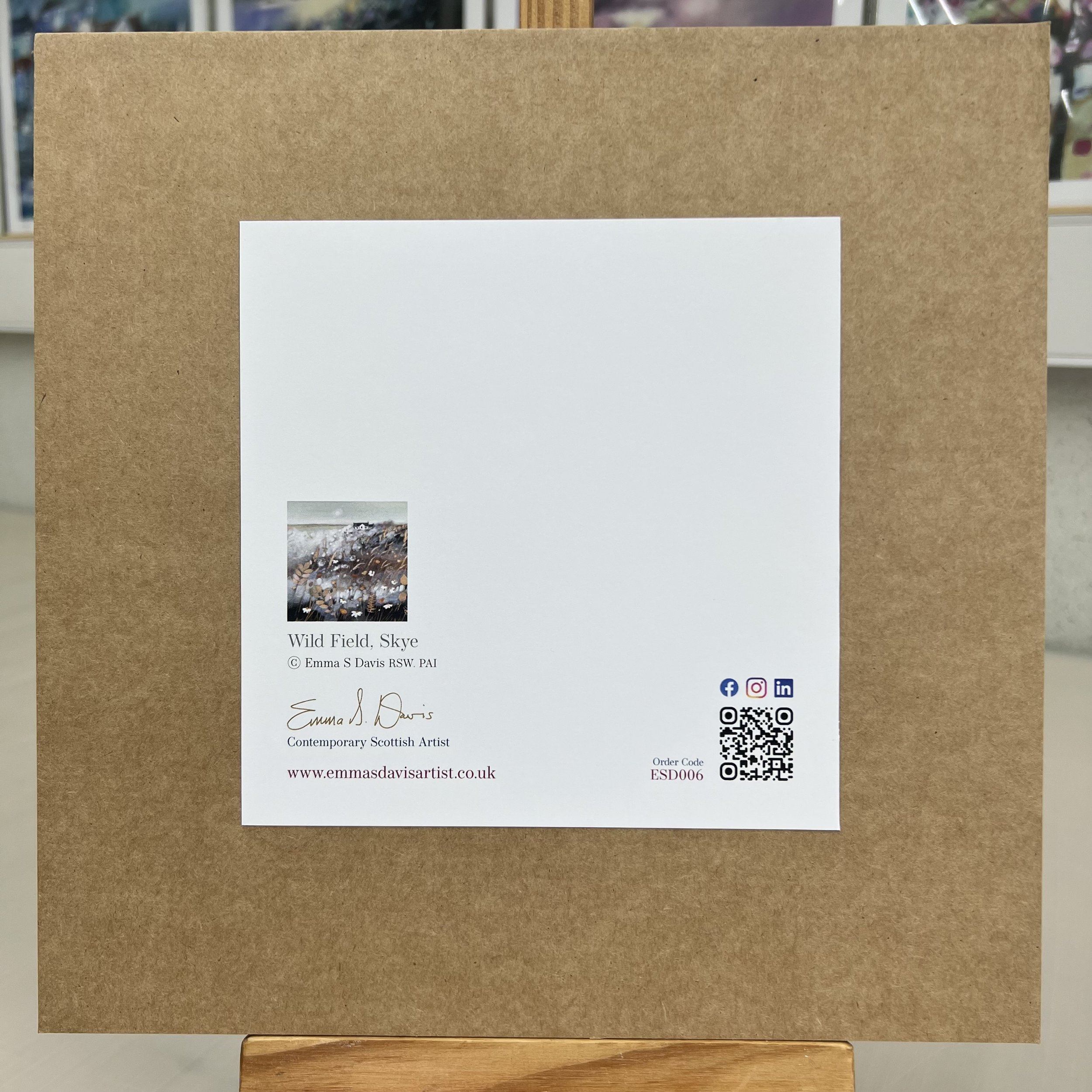 Greetings Card Isle of Skye by Scottish Landscape Artist Emma S Davis. Mounted option rear view.