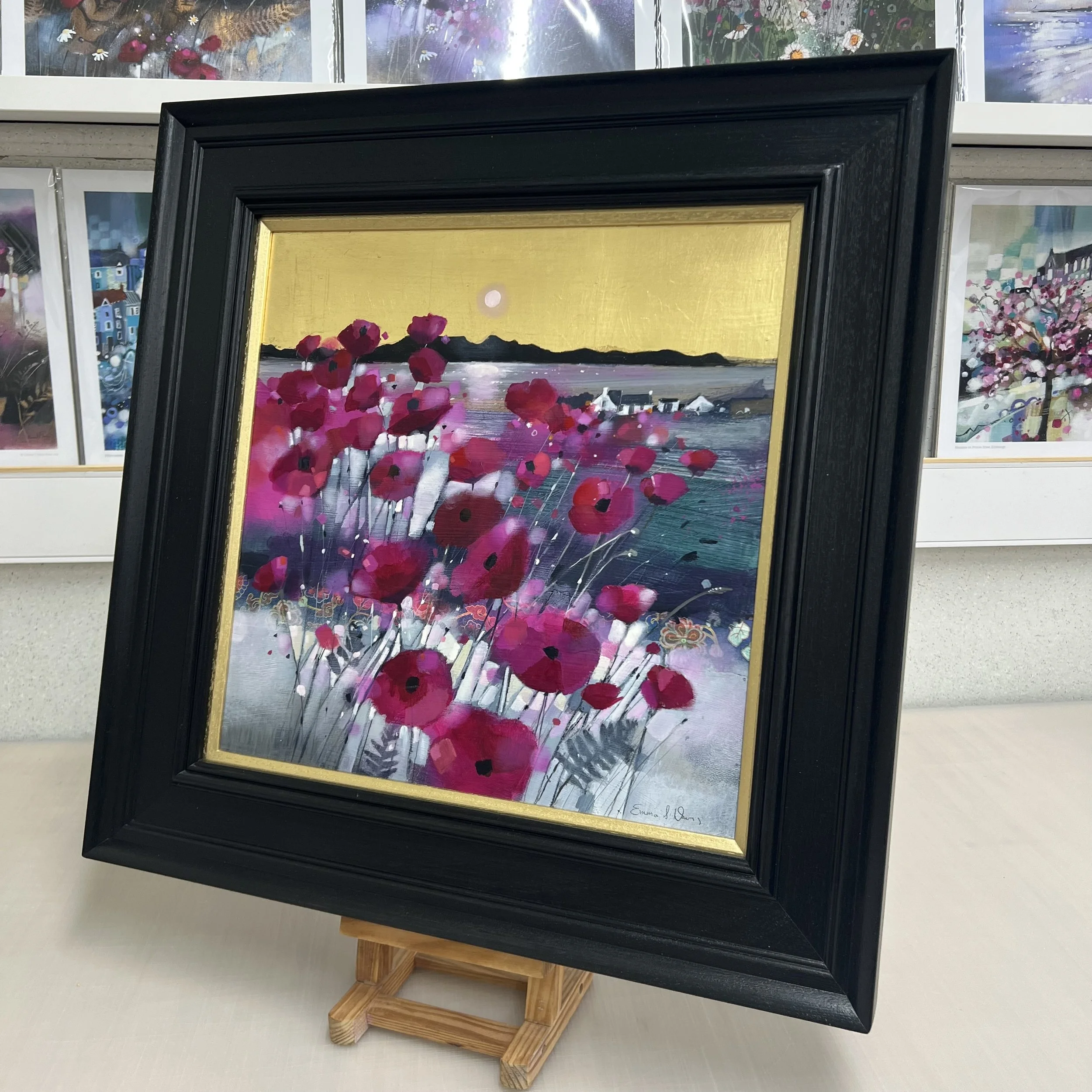 Original oil painting with gold leaf of vibrant poppy fields overlooking the Isle of Arran across the Firth of Clyde by Scottish artist Emma S Davis. Alternate view.