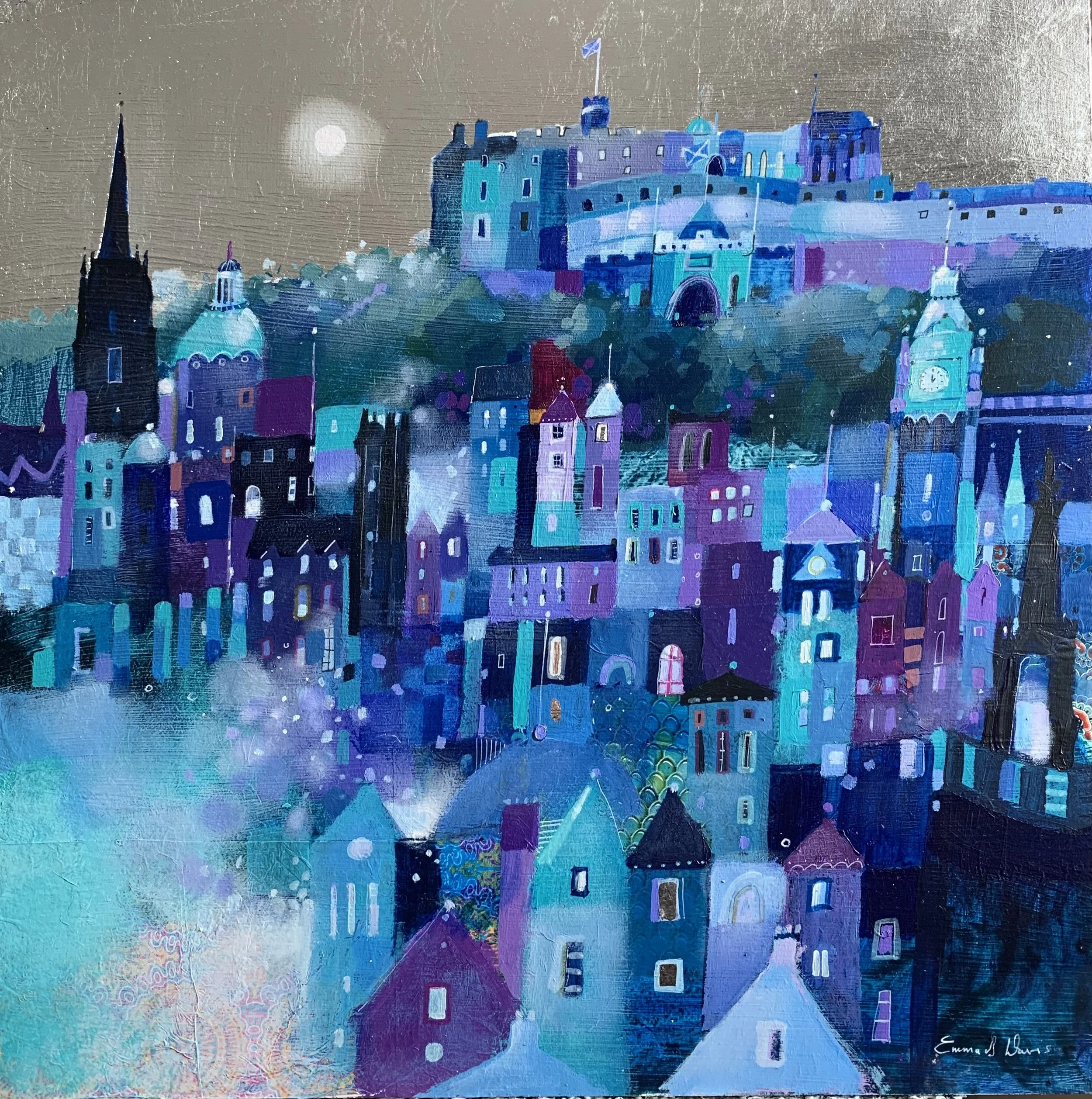 Original oil painting of Edinburgh Castle and the Edinburgh skyline in blue and teal tones by Scottish artist Emma S Davis. Detailed view.