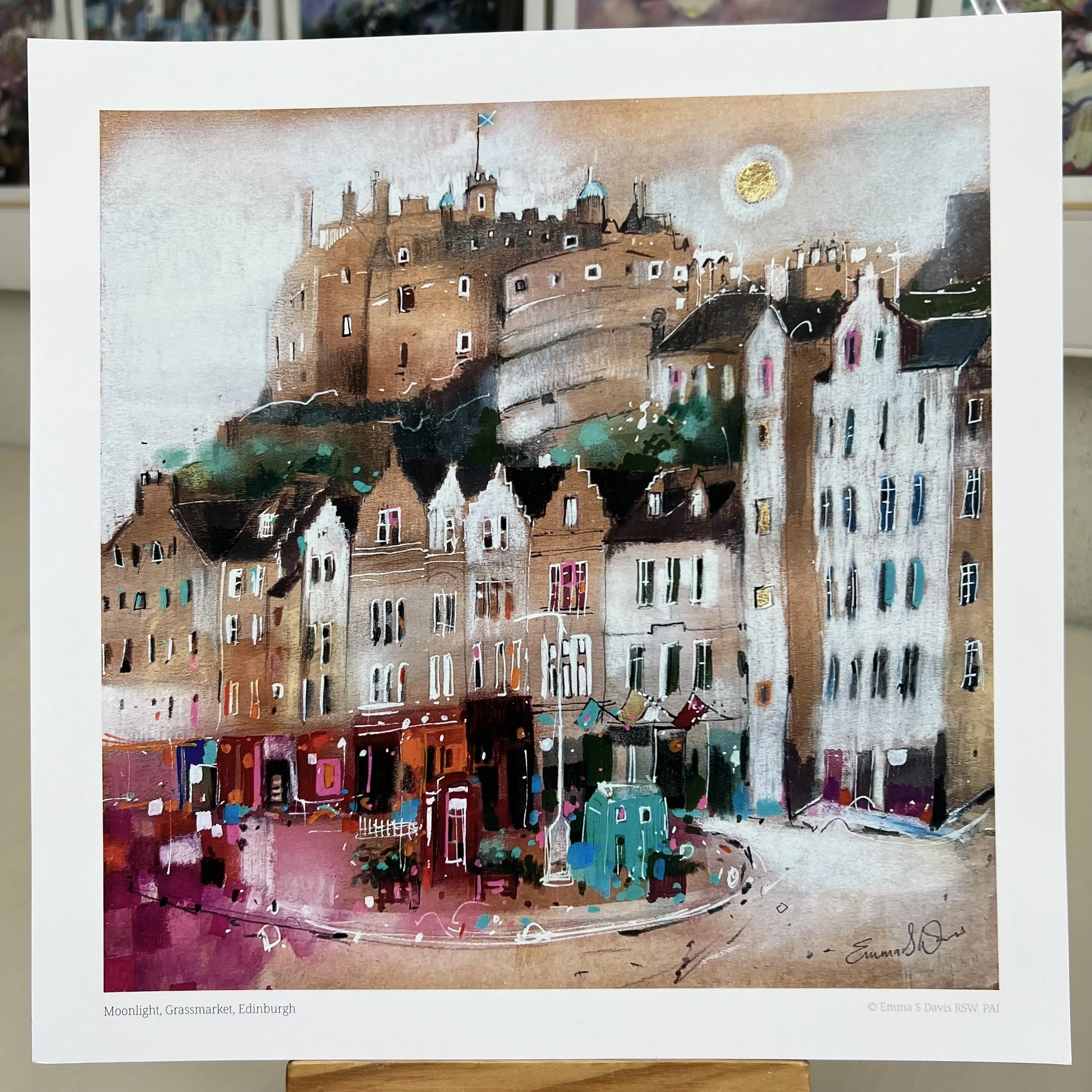 Moonlight Grassmarket Edinburgh art print featuring Edinburgh Castle overlooking the historic Grassmarket area of Edinburgh. Unmounted option.