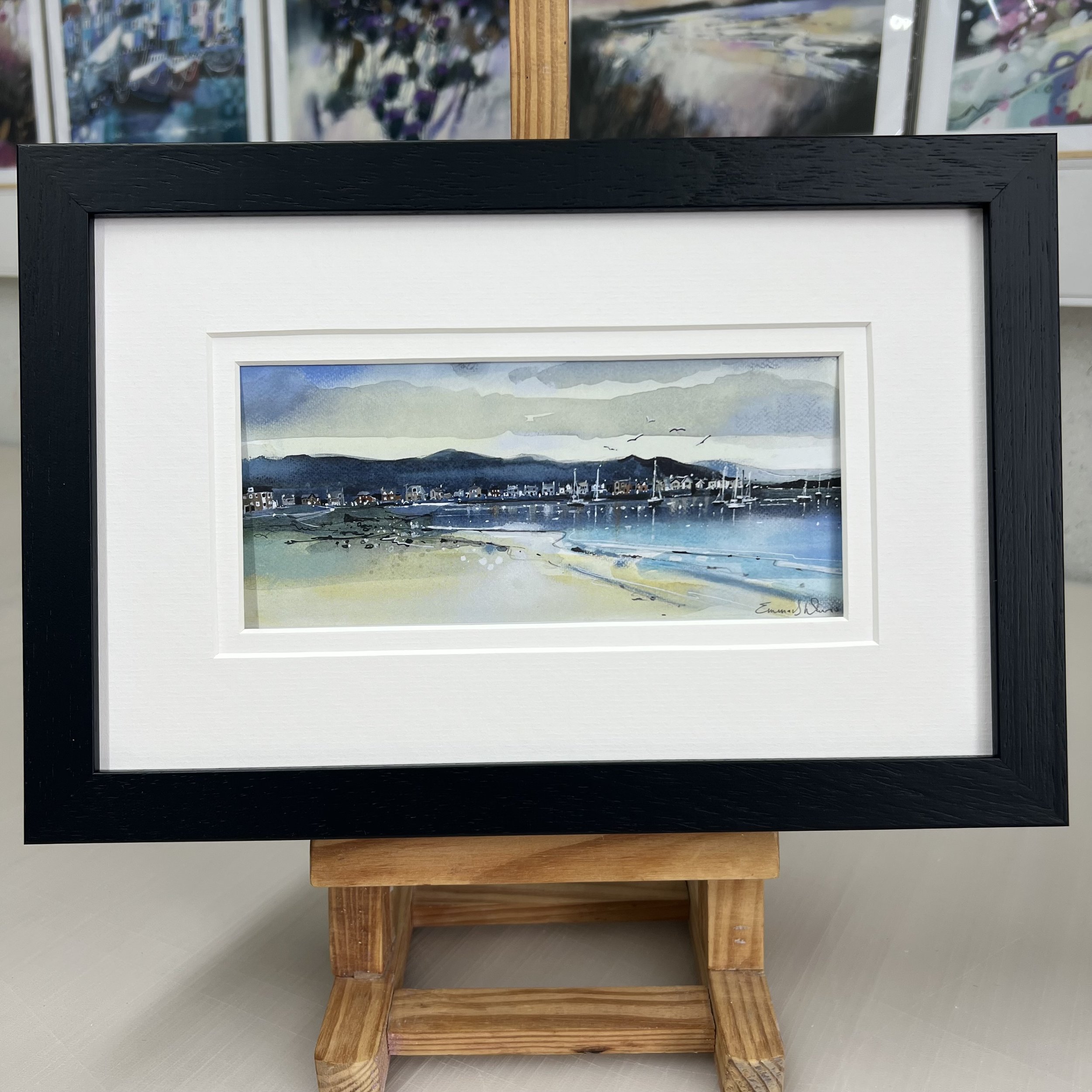 Framed Art Card Millport, Isle of Cumbrae, Ayrshire by Scottish Landscape Artist Emma S Davis. Black Frame Double Mount