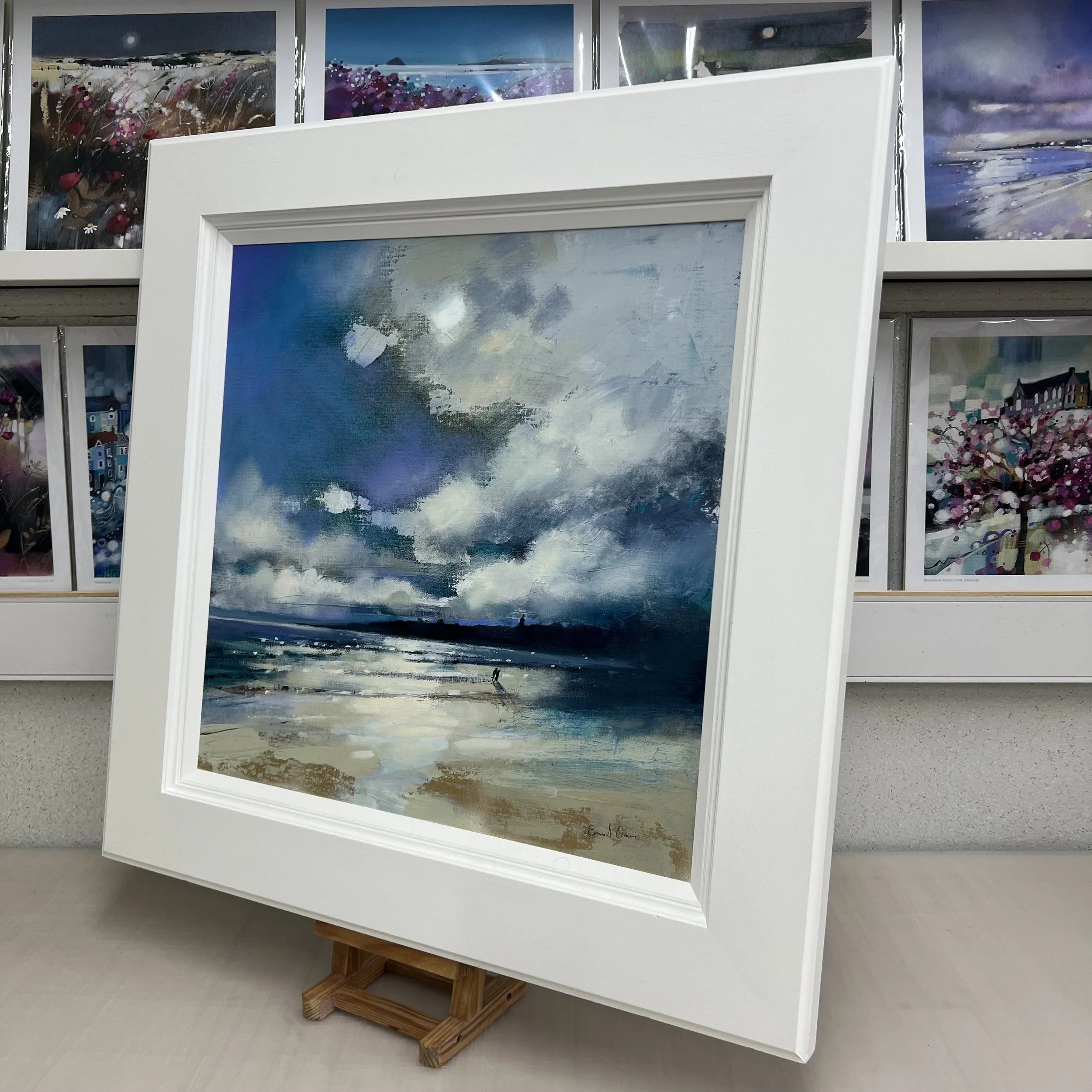 Tide’s Out, West Sands, St Andrews by Emma S Davis – original oil painting of West Sands beach with dramatic skies and two figures walking along the shoreline. Alternate view.