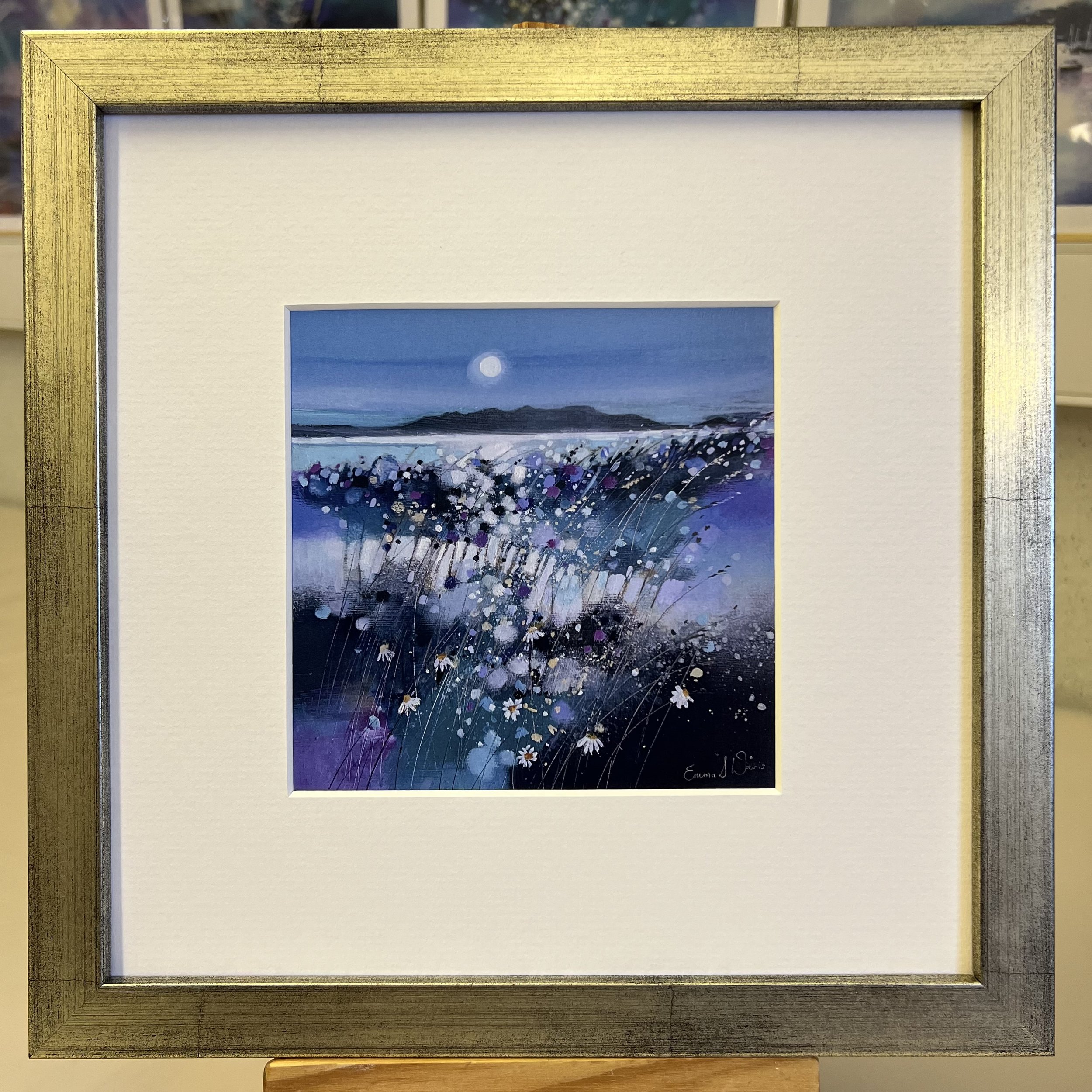 'Moonlight & Arran' framed art card by Emma S Davis Scottish landscape artist framed in silver