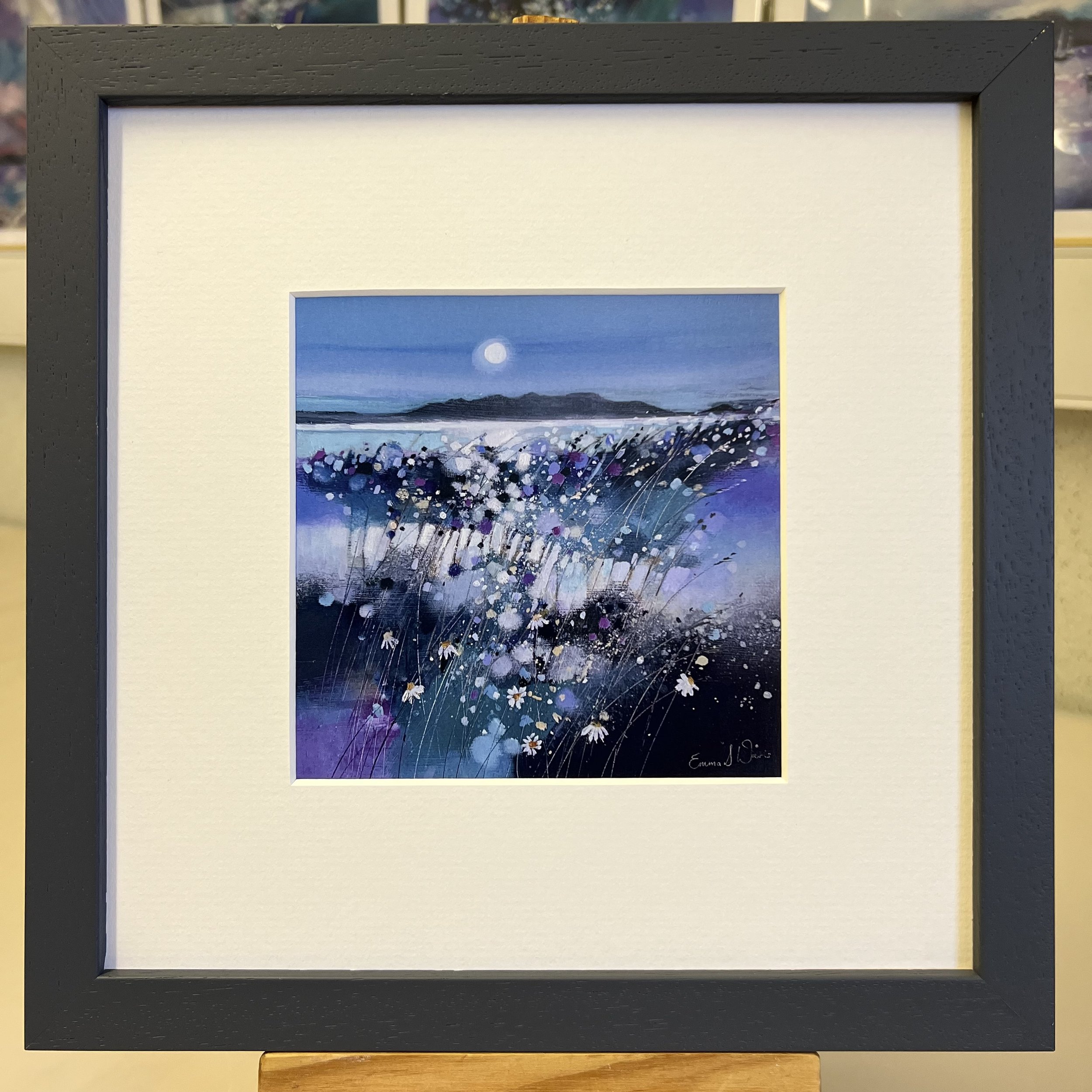 'Moonlight & Arran' framed art card by Emma S Davis Scottish landscape artist framed in dark grey