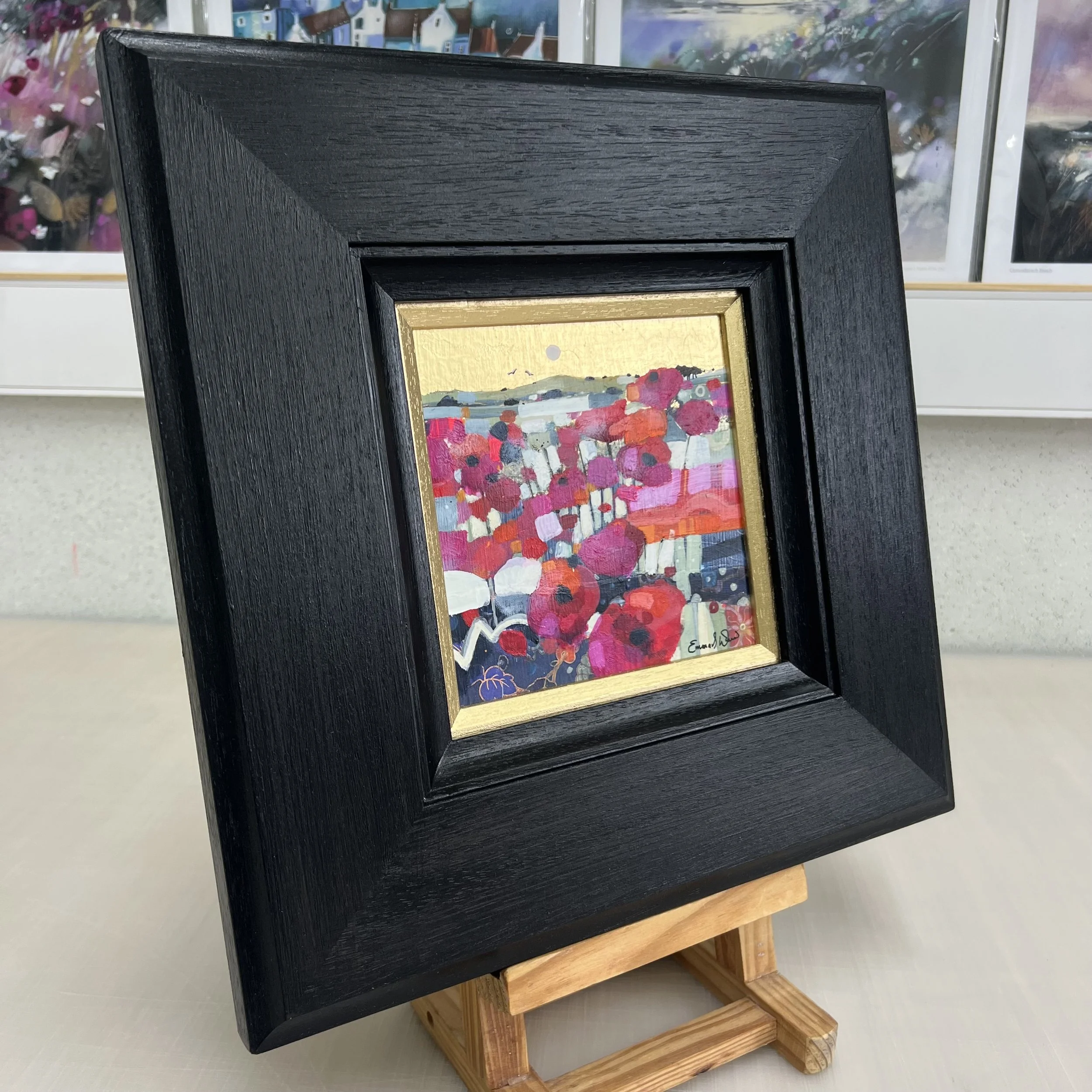 Framed original poppy field painting To the Moon Together by Emma S Davis. Side view.