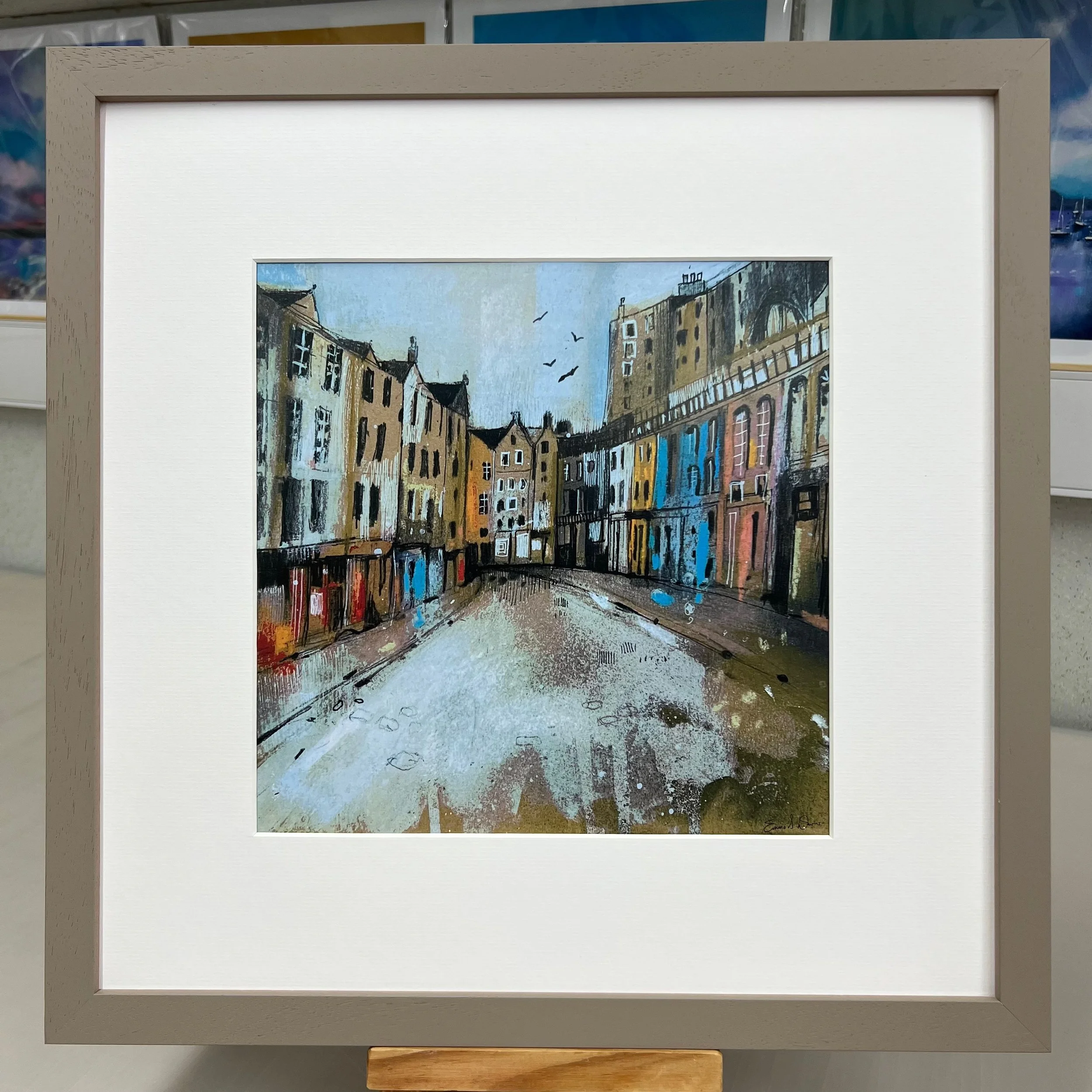 Victoria Street, Edinburgh - inspiration for Harry Potter's Diagon Alley in Emma S Davis Artist's open edition art print framed light grey.