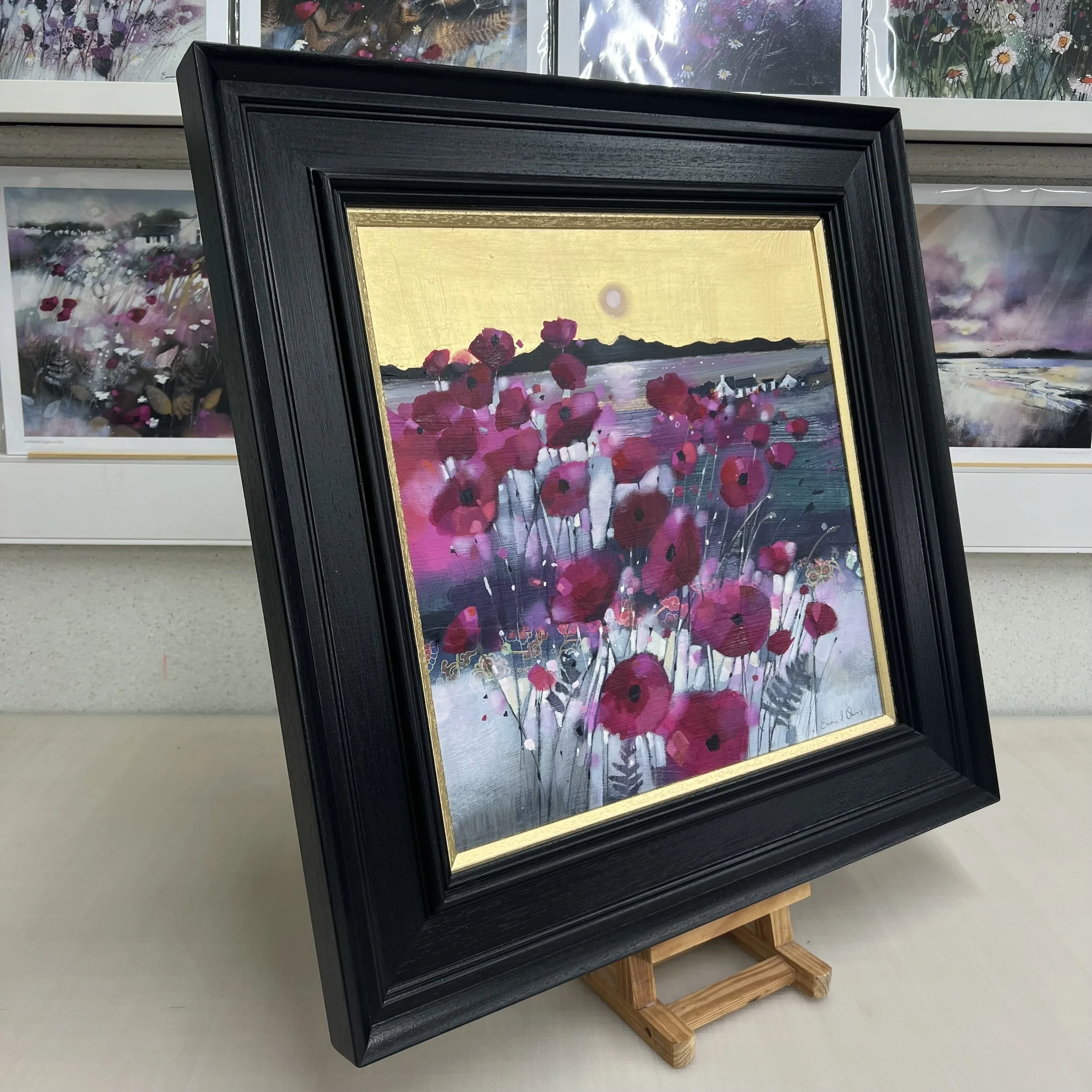 Original oil painting with gold leaf of vibrant poppy fields overlooking the Isle of Arran across the Firth of Clyde by Scottish artist Emma S Davis. Side view.