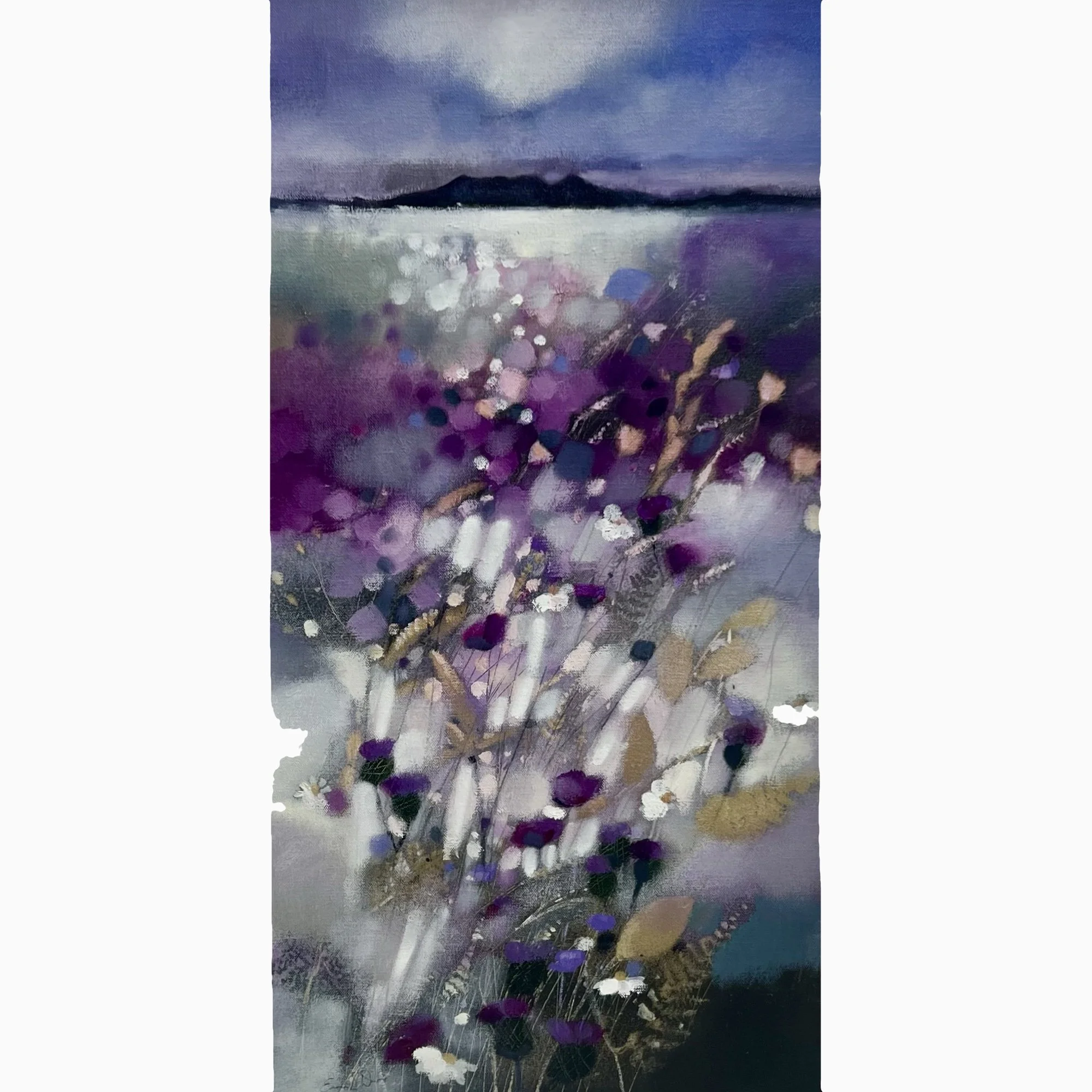 Original Isle of Arran landscape painting featuring Scottish thistles and wildflowers overlooking the Firth of Clyde by Emma S Davis