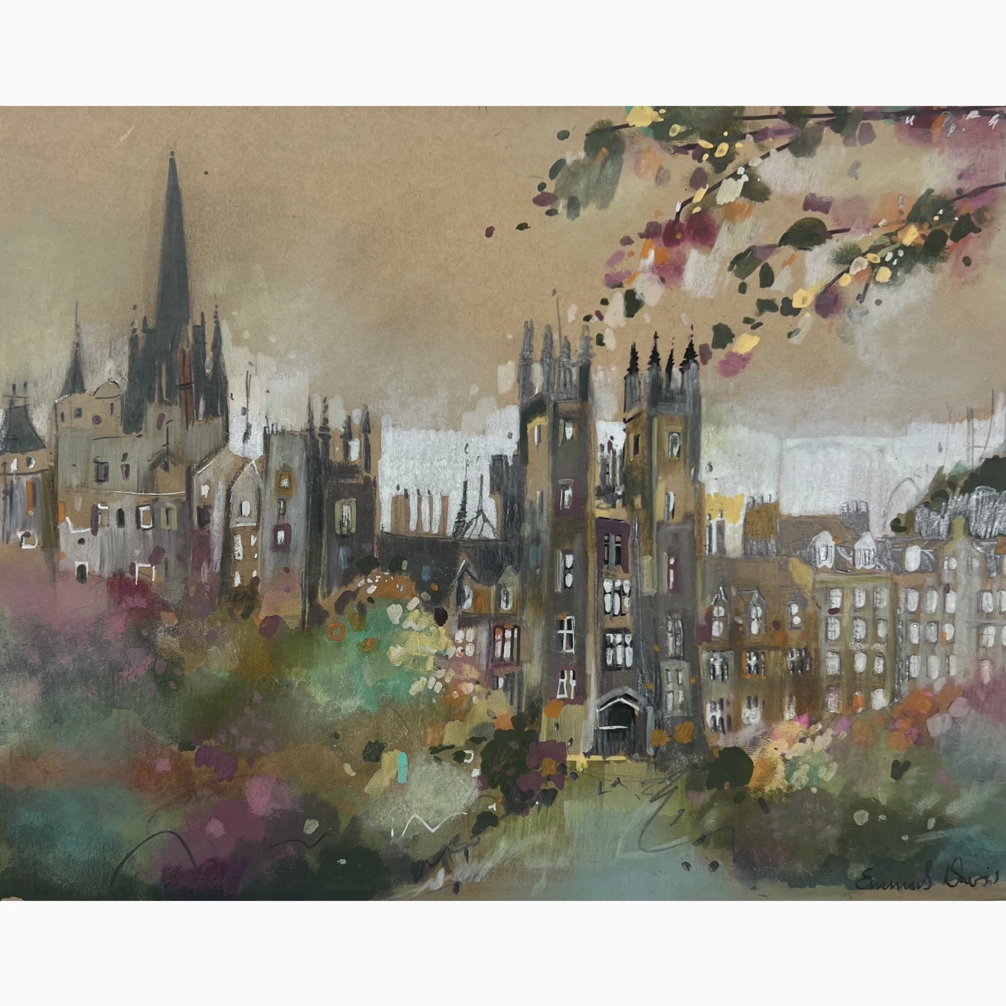 Original painting of Edinburgh University surrounded by colourful gardens and historic architecture by Emma S Davis