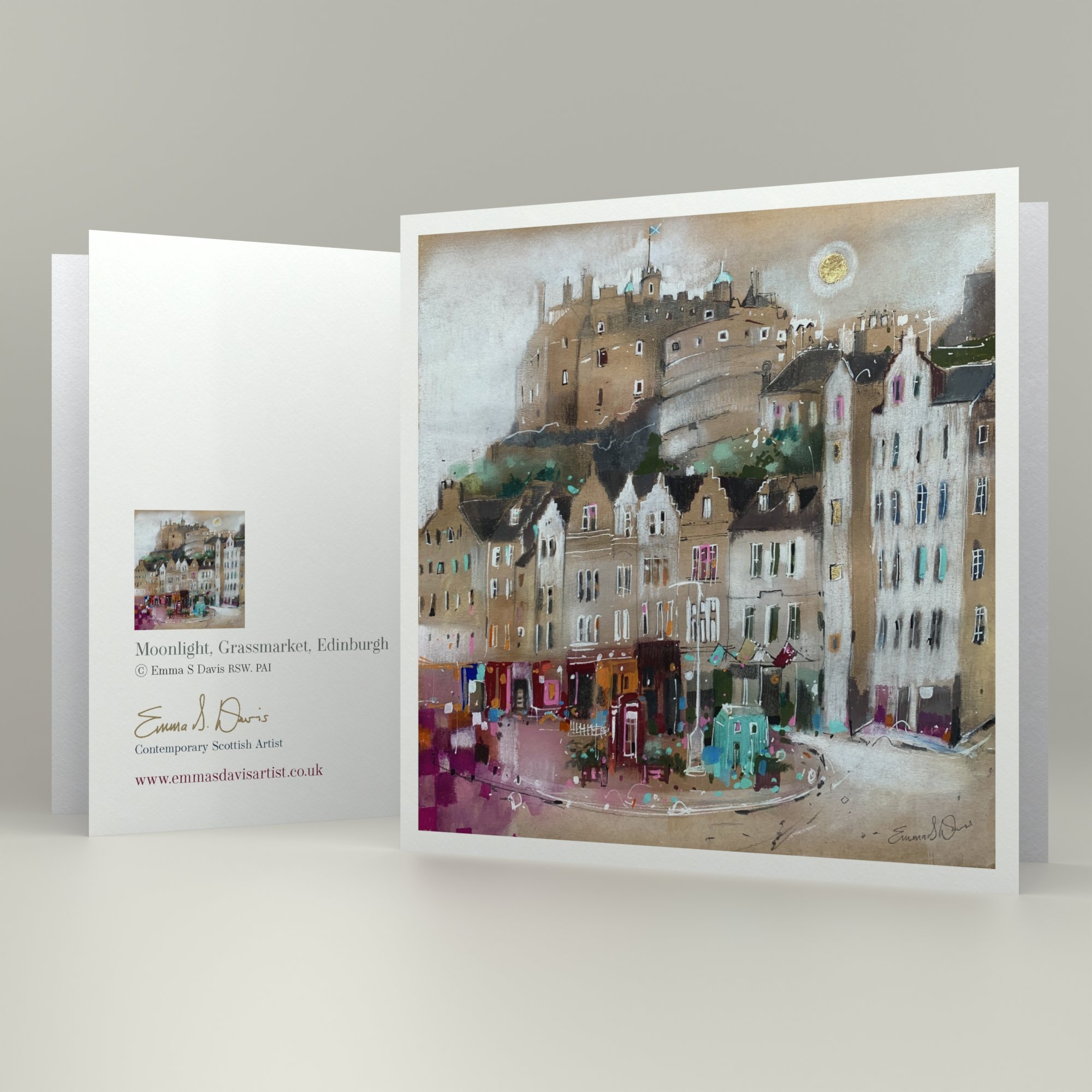 Grassmarket Edinburgh Castle Art Greeting Card by Scottish Landscape Artist Emma S Davis.
