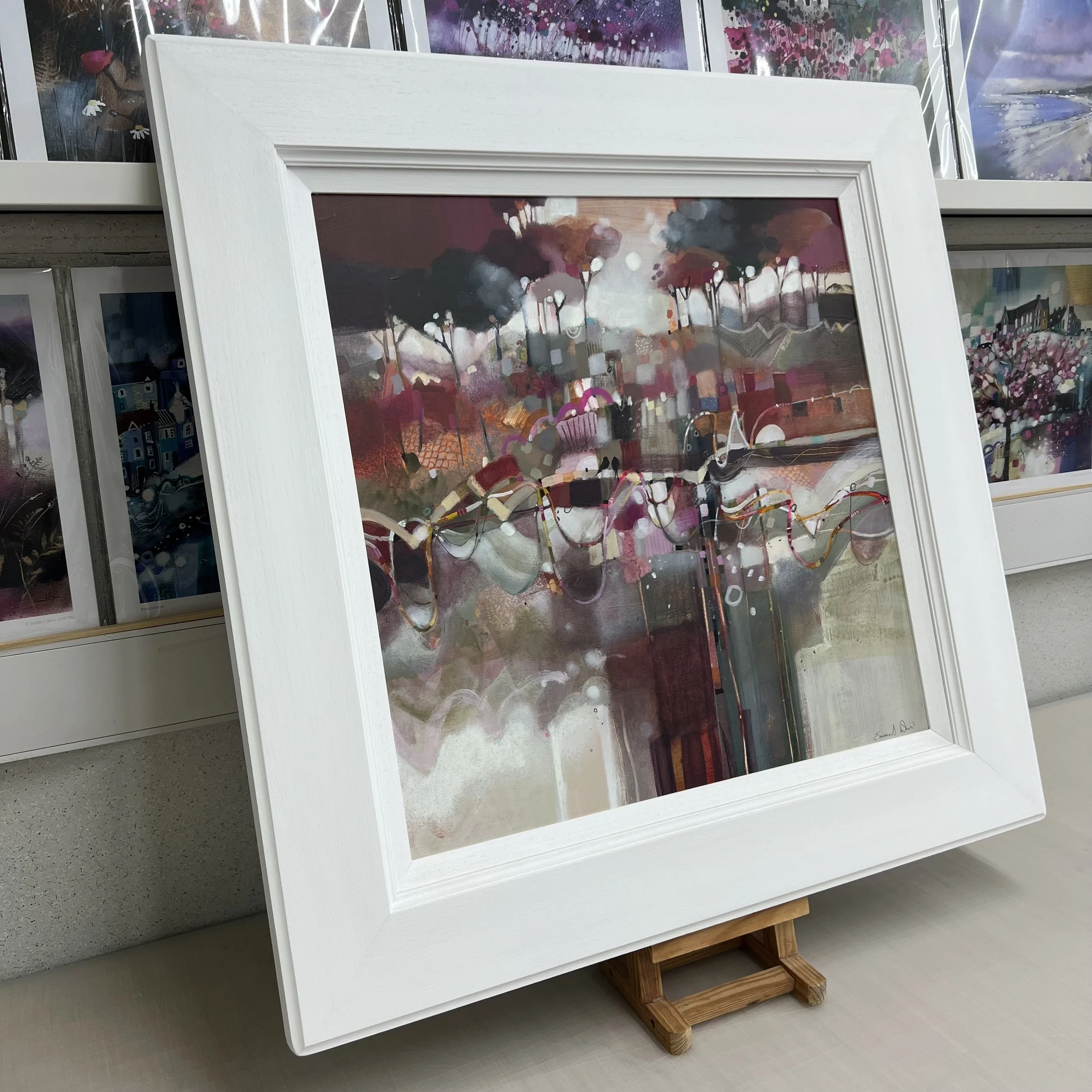 Framed abstract landscape painting Side by Side by Emma S Davis. Side view.