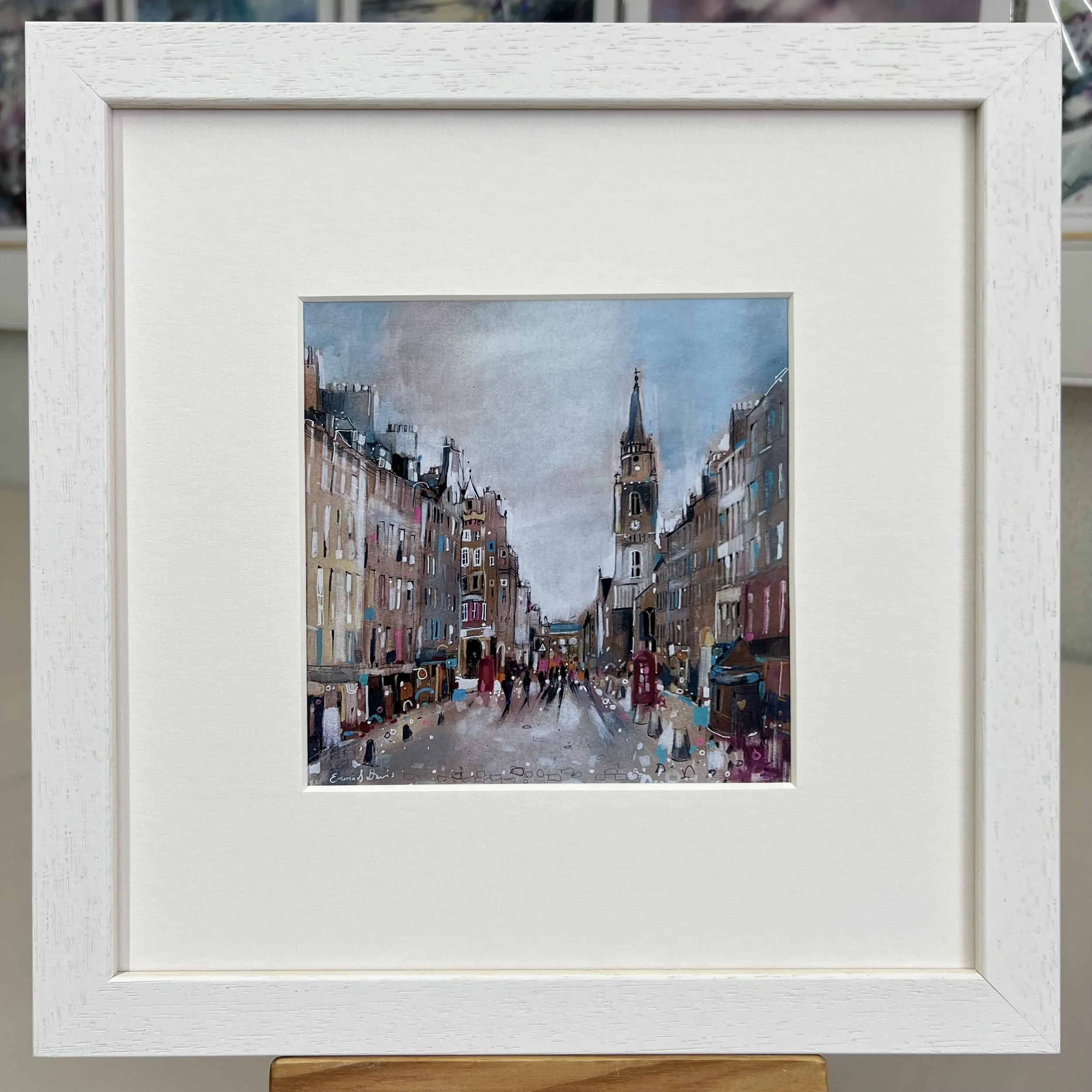 Royal Mile Edinburgh framed art card featuring one of Edinburgh’s most famous historic streets in Scotland by Emma S Davis Artist. White frame single mount.