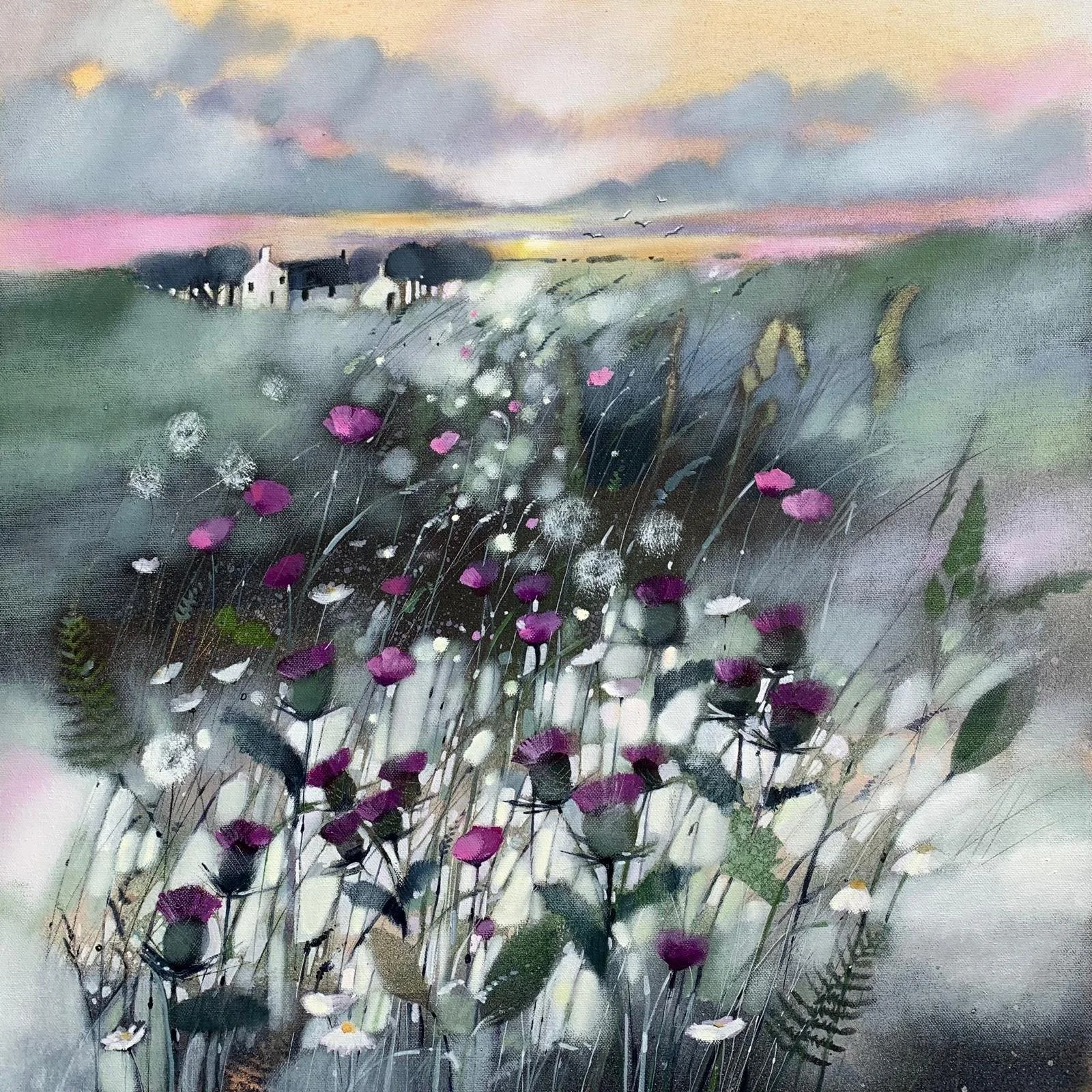 Art Print Framed Ceramic Tile of the Thistle, Flower of Scotland by Scottish Landscape Artist Emma S Davis. Detail.