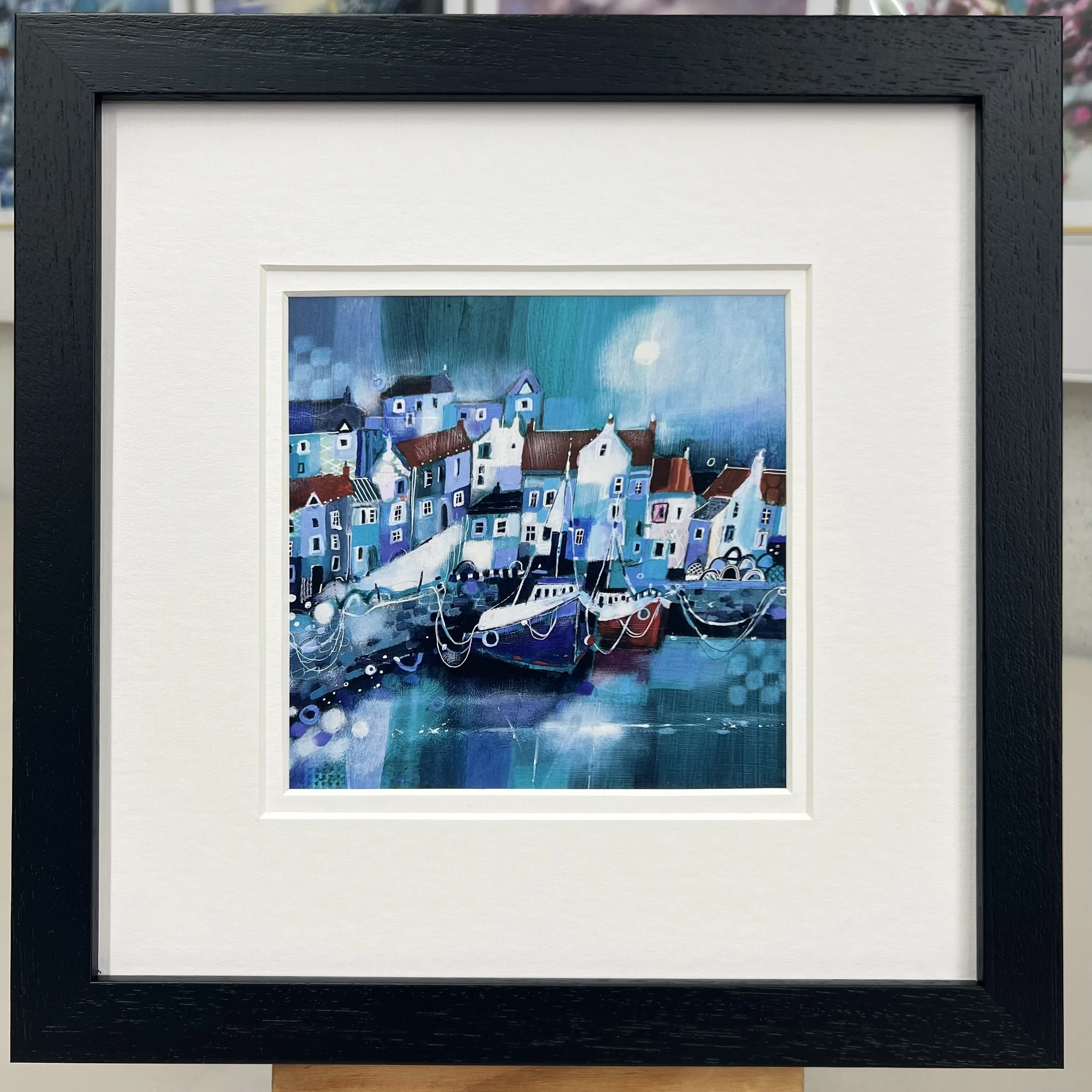 Framed Art Card Pittenweem Harbour East Neuk by Scottish Landscape Artist Emma S Davis. Black Frame Double Mount
