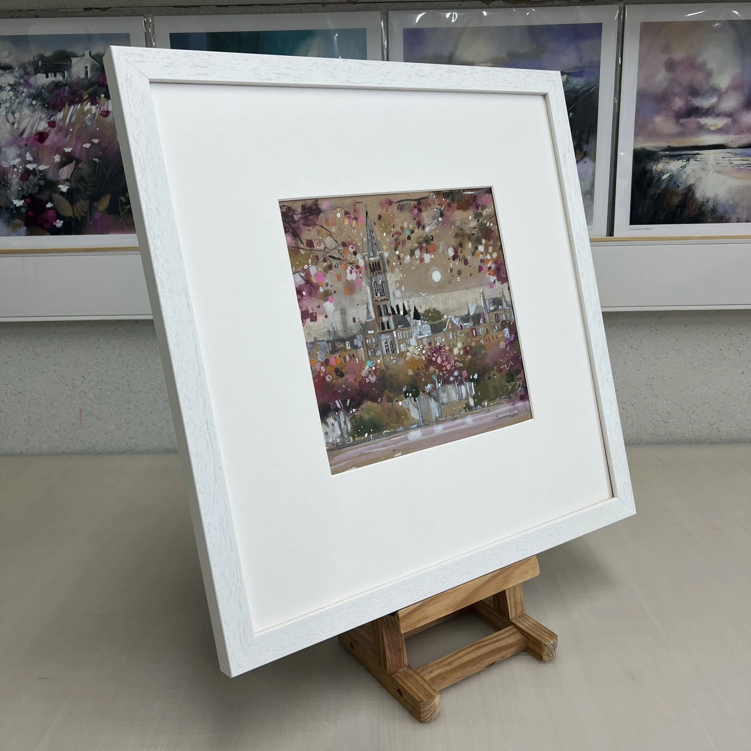 Framed Glasgow University painting showing the iconic Gilbert Scott Building in Glasgow. Side view.