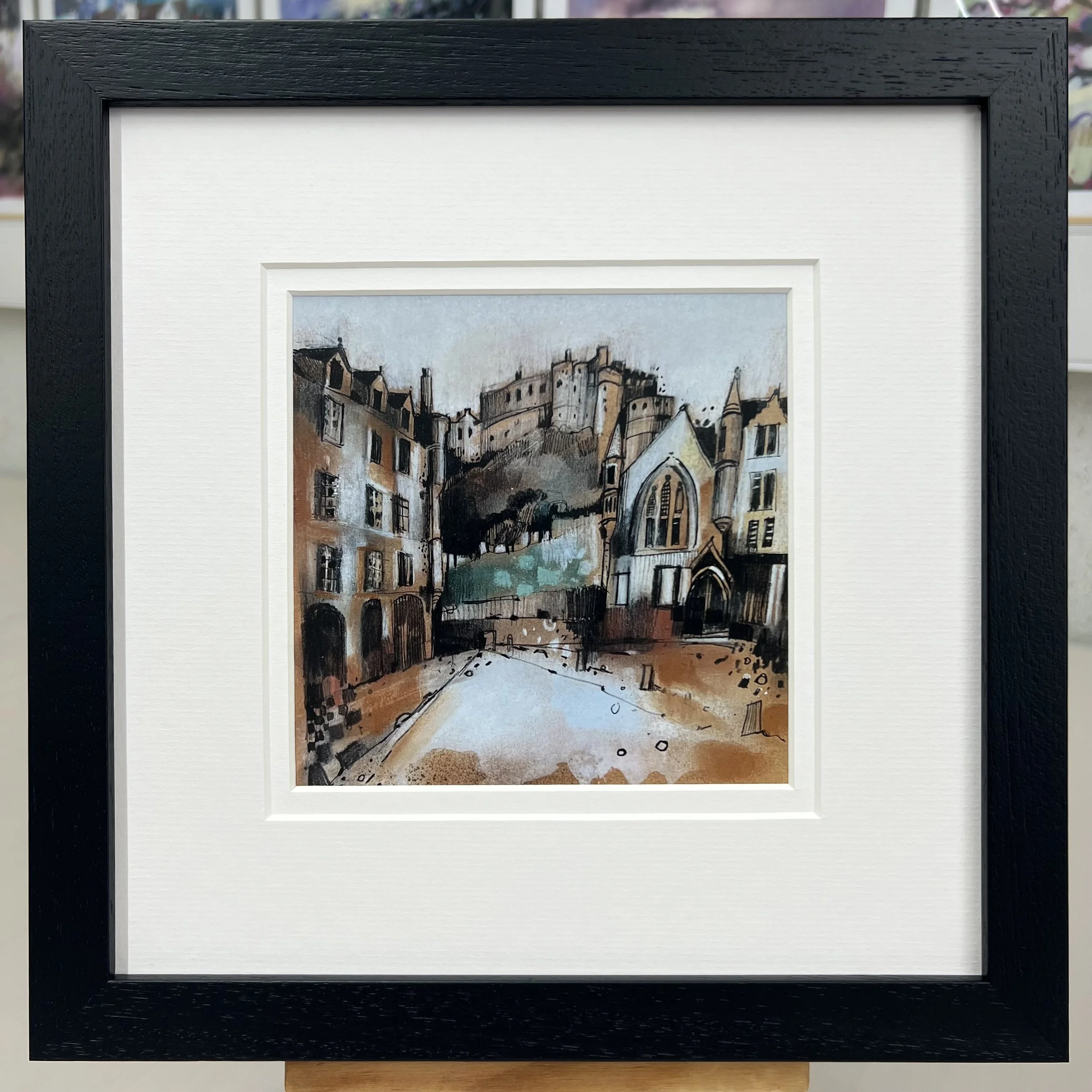 Framed Art Card Edinburgh Castle & Grassmarket by Scottish Landscape Artist Emma S Davis. Black Frame Double Mount