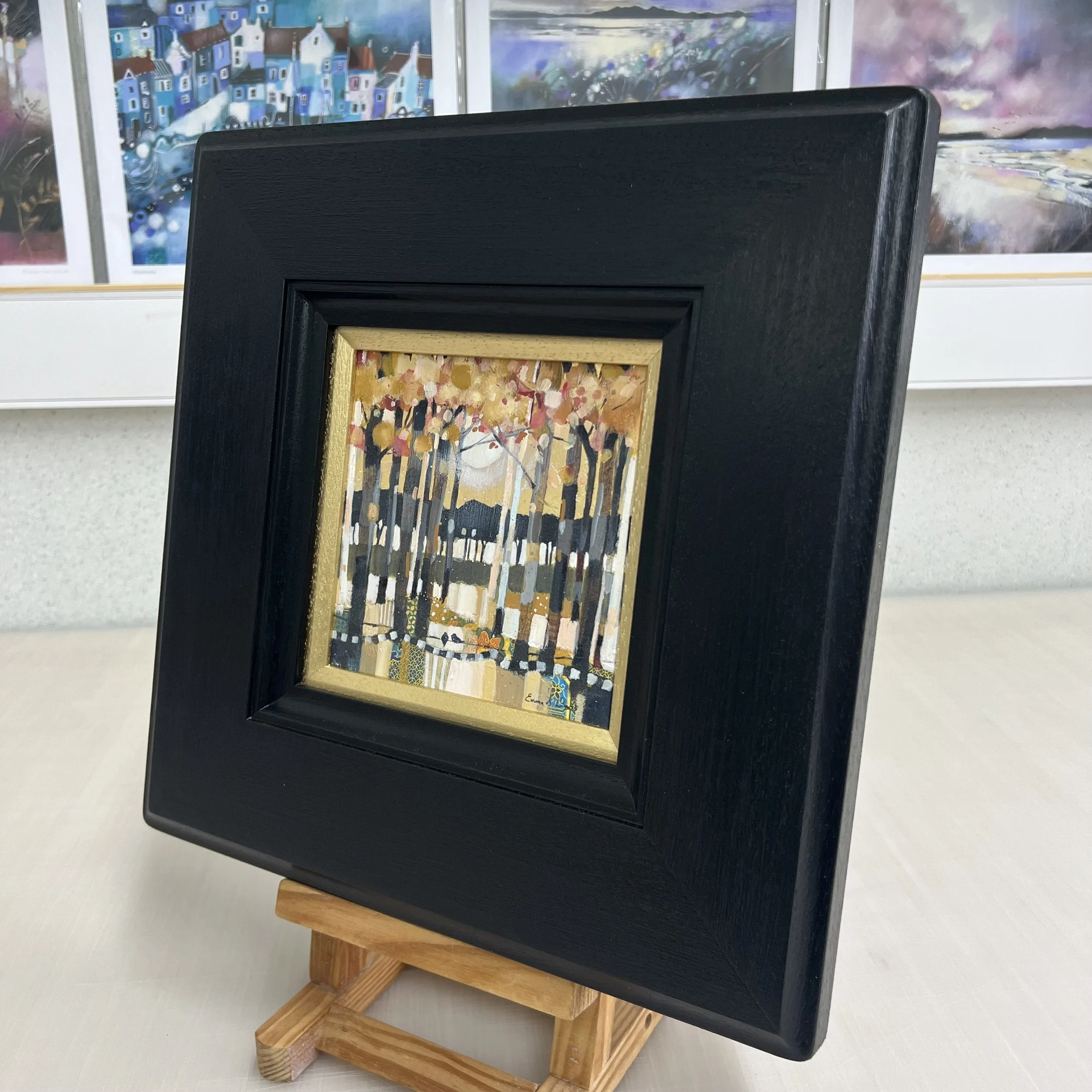 Original painting by Emma S Davis Artist shows 2 birds chattering on a fence amongst autumnal moonlit trees. Alternate view.