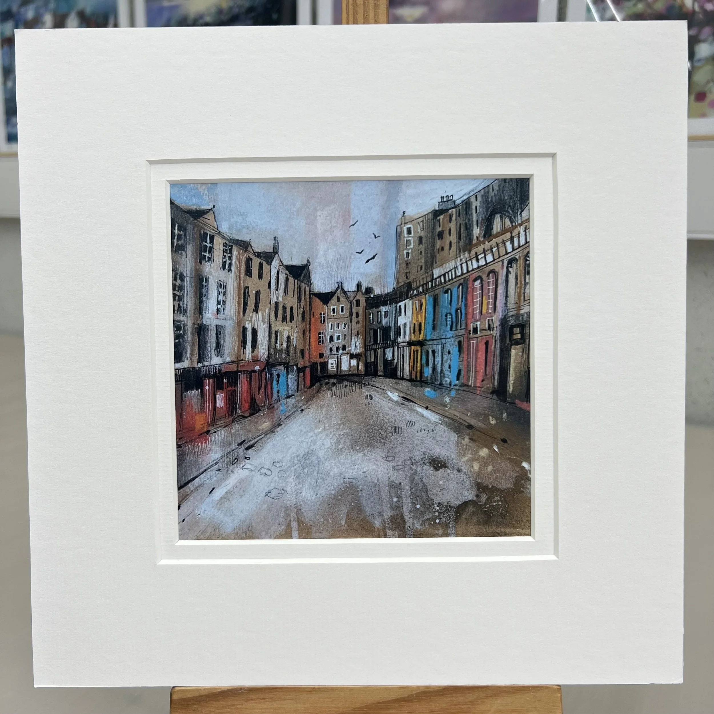 Greetings Card Edinburgh Victoria Street Diagon Alley by Scottish Landscape Artist Emma S Davis. Mounted option.