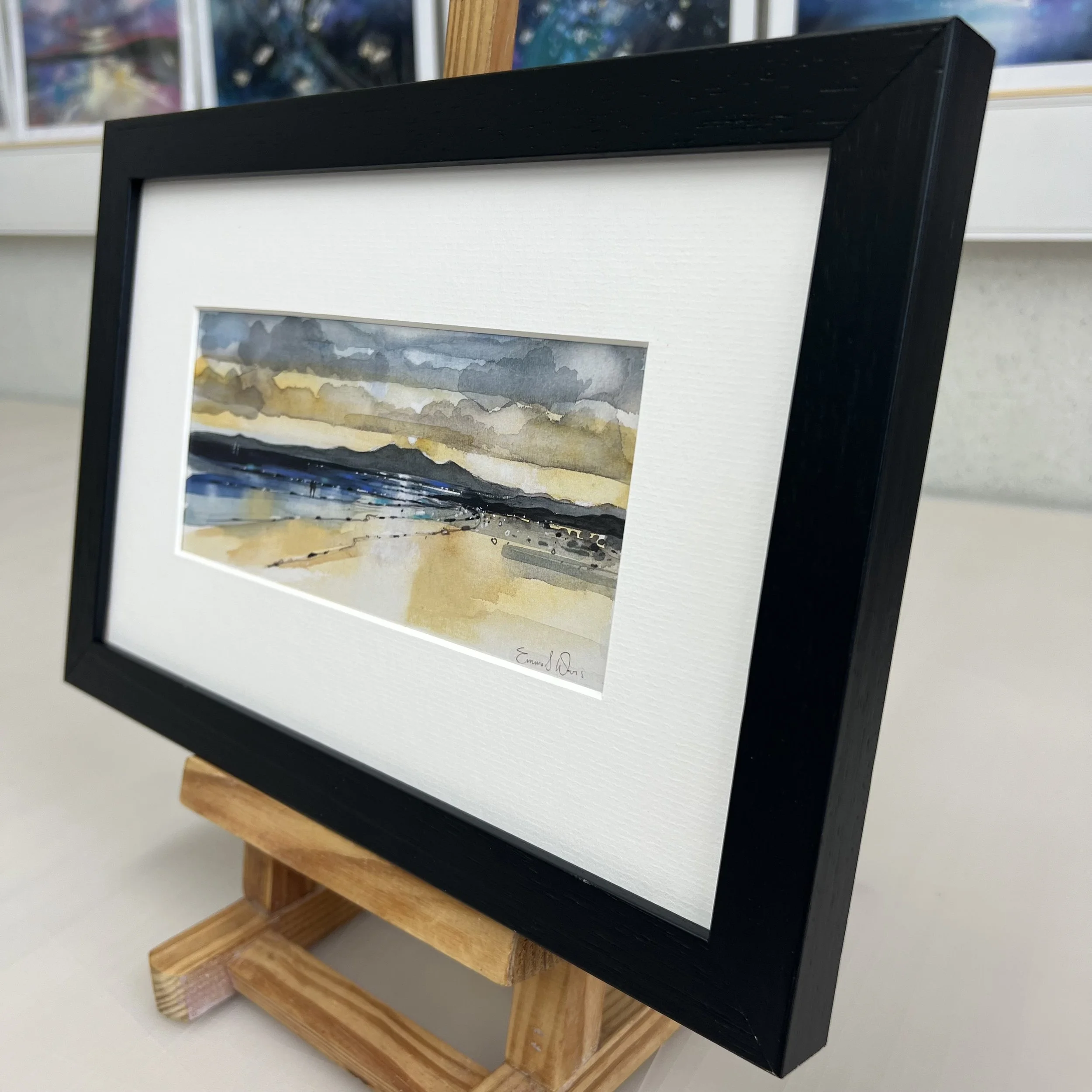 Sunset and Arran, Seamill - Framed Greetings Card by Emma S Davis Artist - black frame - angled view