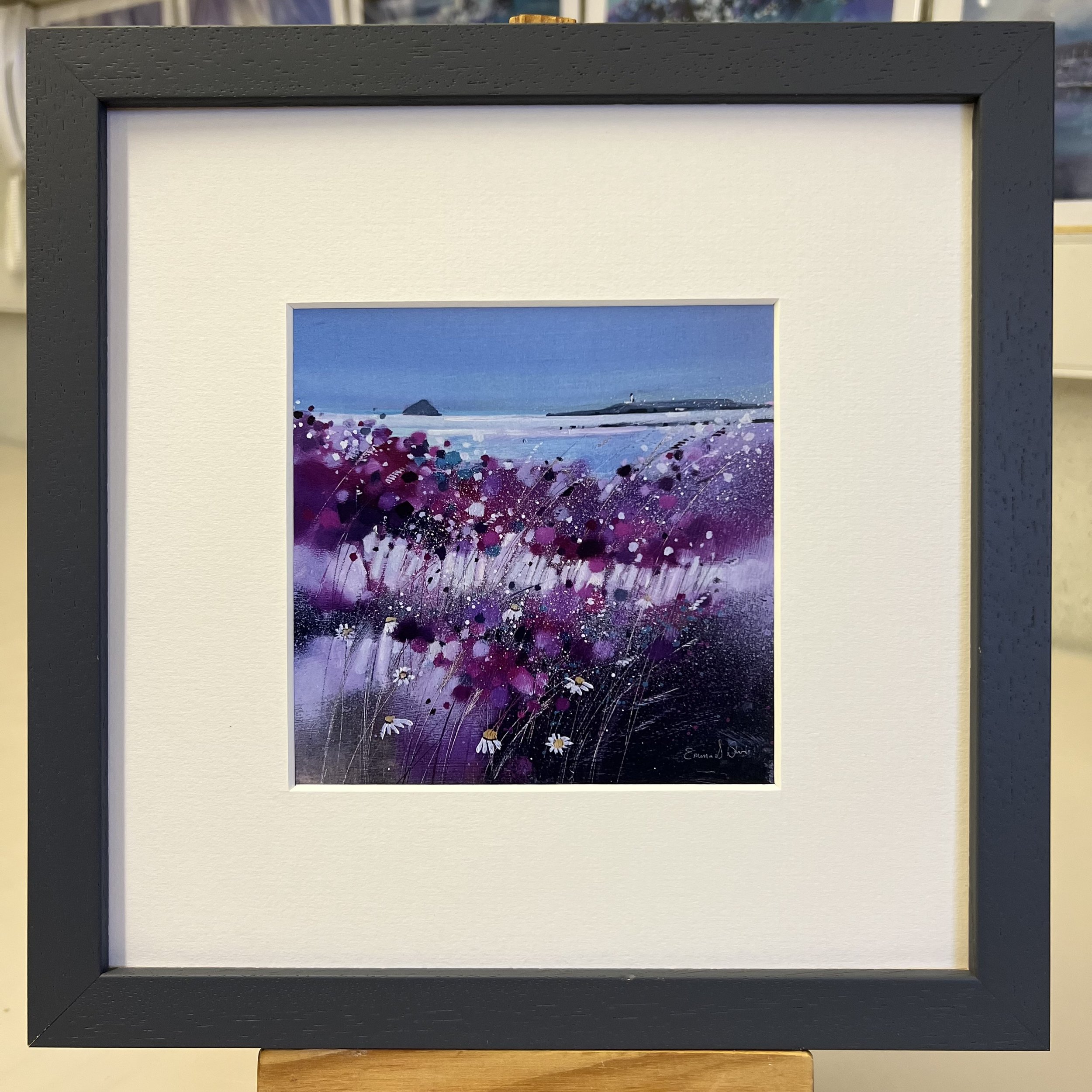'Wildflowers, Kildonan, Arran' framed art card by Emma S Davis Scottish landscape artist framed in dark grey