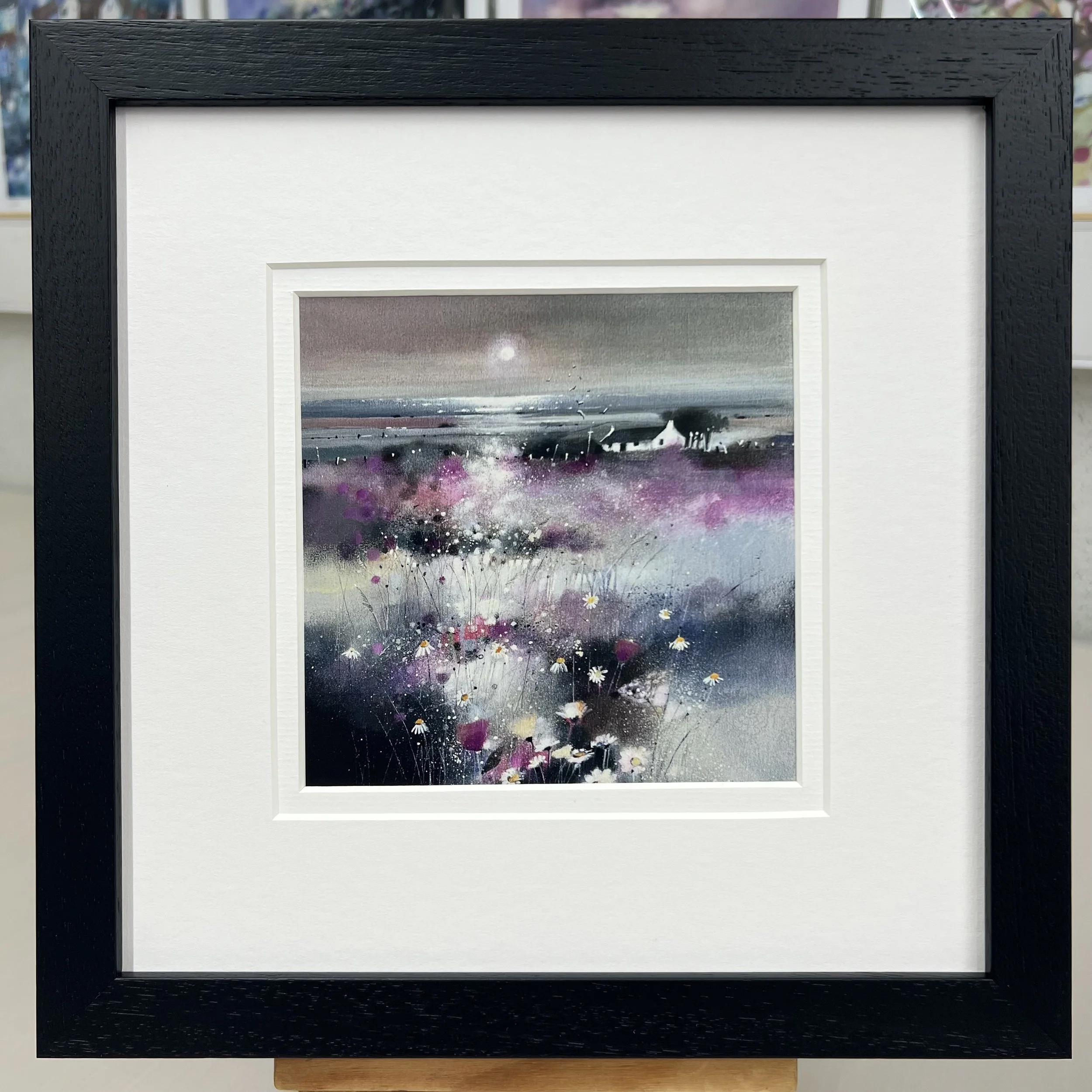 Highland Croft Scottish landscape framed black art card featuring a traditional croft surrounded by Highland scenery by Emma S Davis Artist. Double mount version.