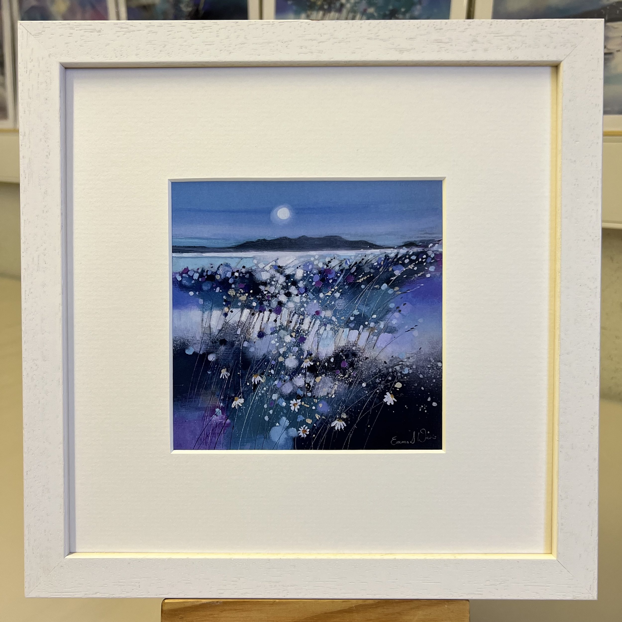 'Moonlight & Arran' framed art card by Emma S Davis Scottish landscape artist framed in white