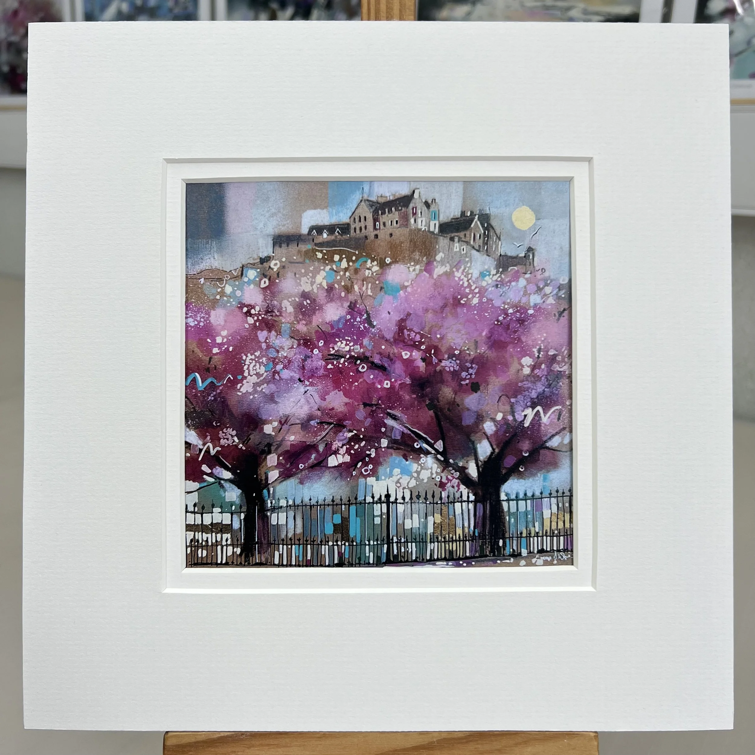 Art Greeting Card of Edinburgh Castle and Princes Street Gardens by Scottish Landscape Artist Emma S Davis. Mounted option.