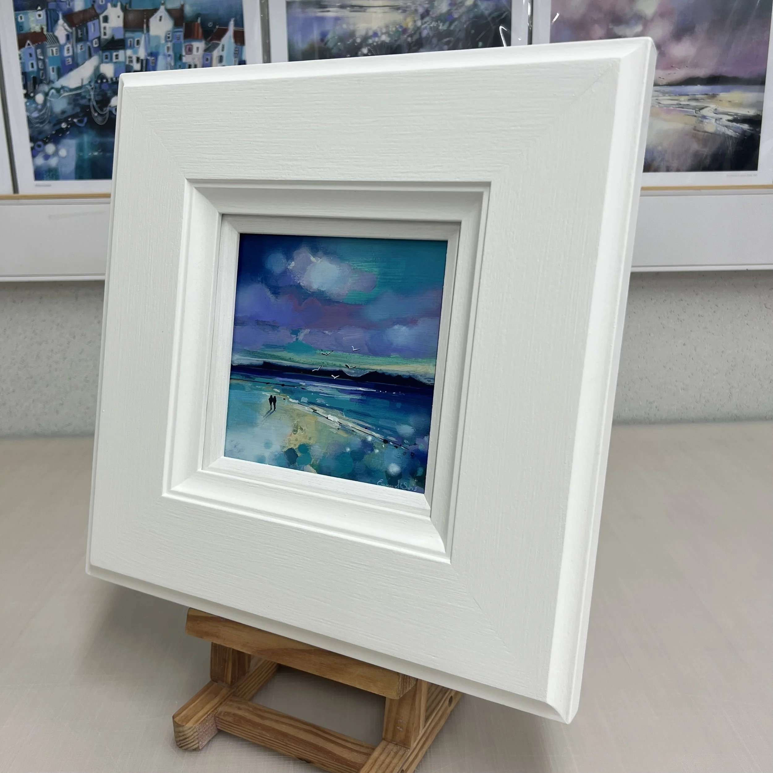 Original oil painting of Camusdarach Beach with white sands and turquoise sea by Scottish artist Emma S Davis. Alternate view.