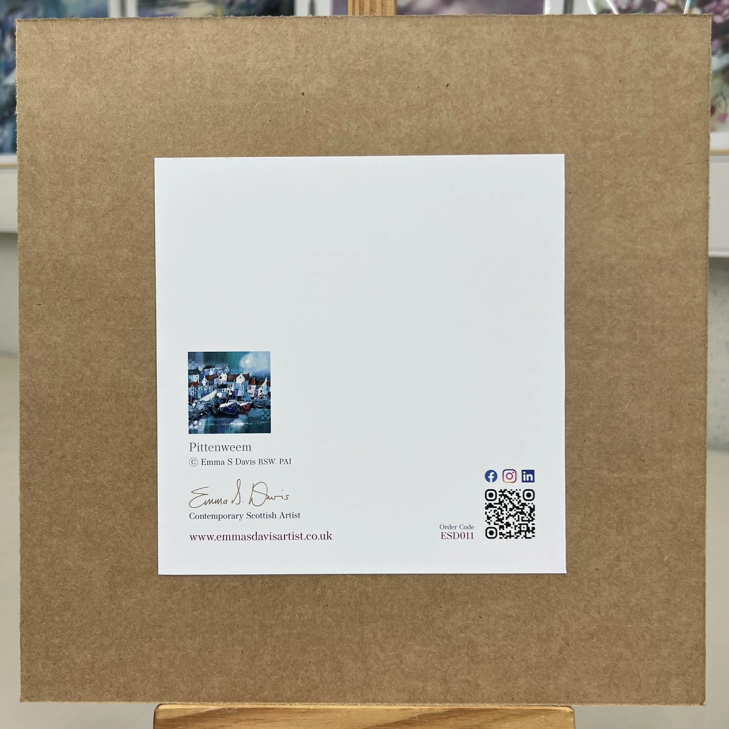Greetings Card Pittenweem Harbour East Neuk of Fife by Scottish Landscape Artist Emma S Davis. Mounted option rear view.