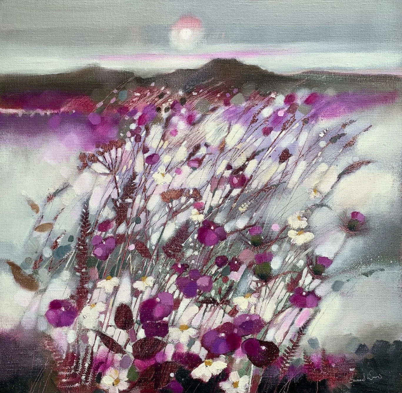 Original oil painting of Ben Lomond overlooking Loch Lomond with Scottish wildflowers in the foreground by Scottish artist Emma S Davis. Detailed view.