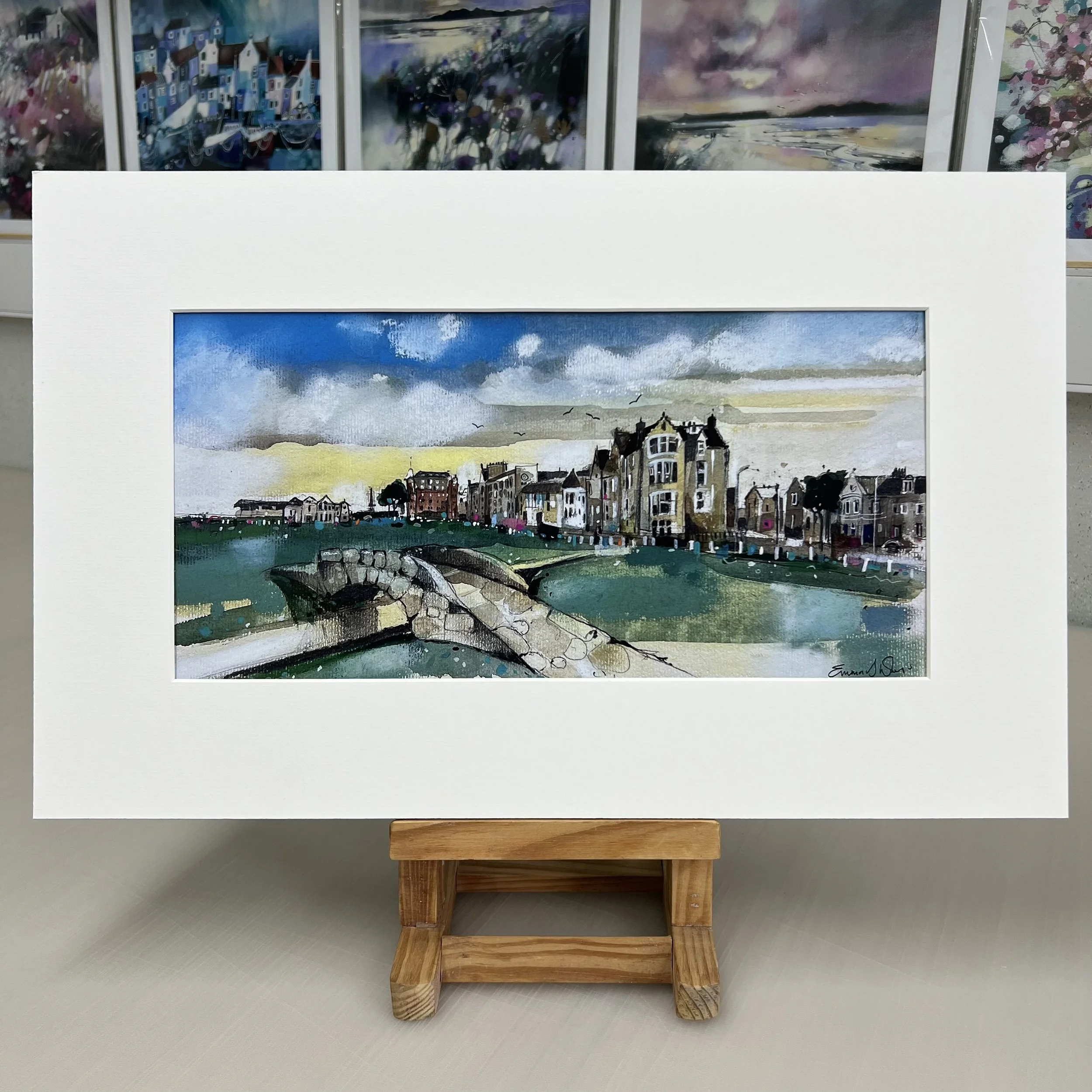 Swilcan Bridge Old Course St Andrews art print with 18th green and R&A clubhouse by Emma S Davis Artist. Mounted print.