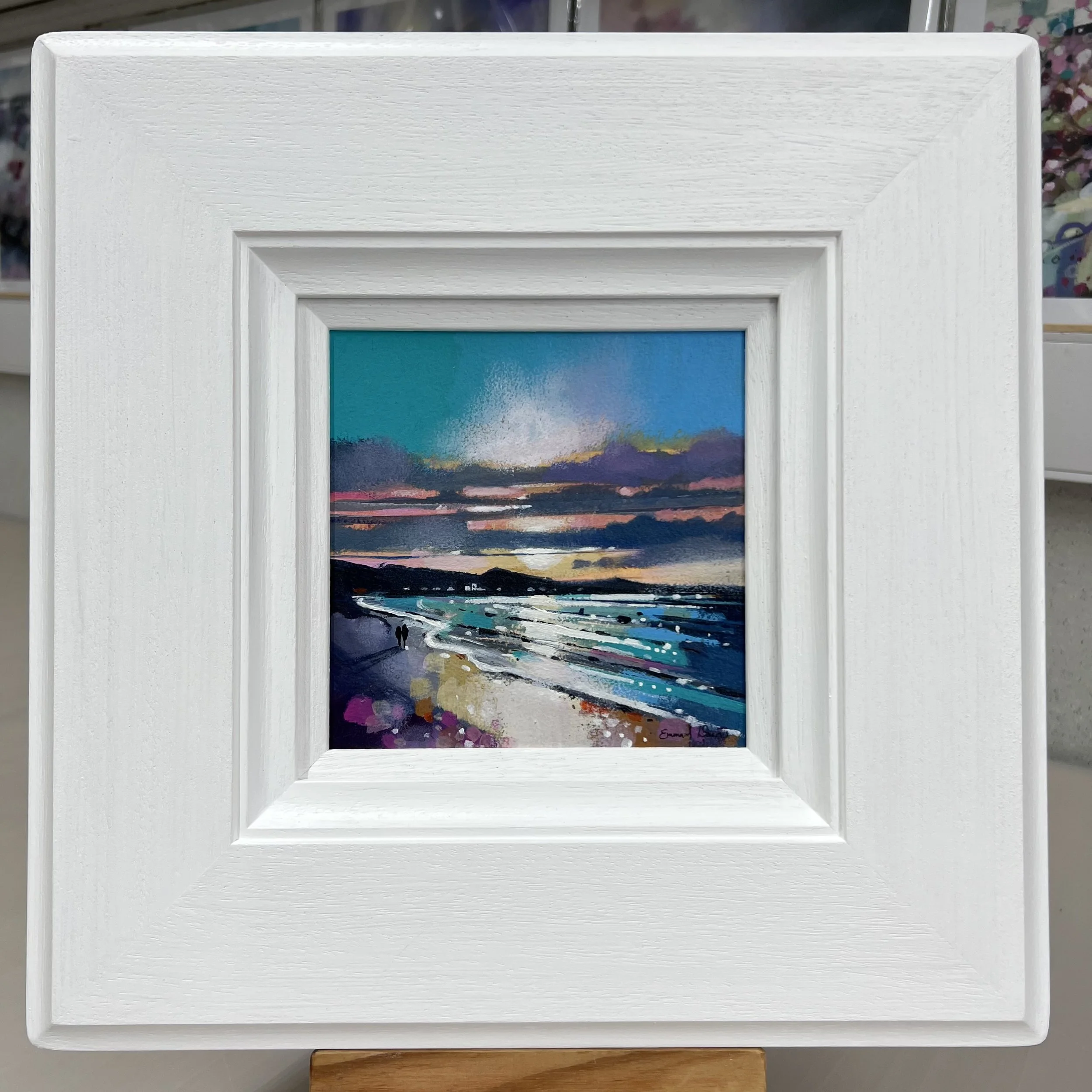 Machrihanish, Kintyre depicted in an original painting by Emma S Davis Scottish landscape artist. Framed in white.