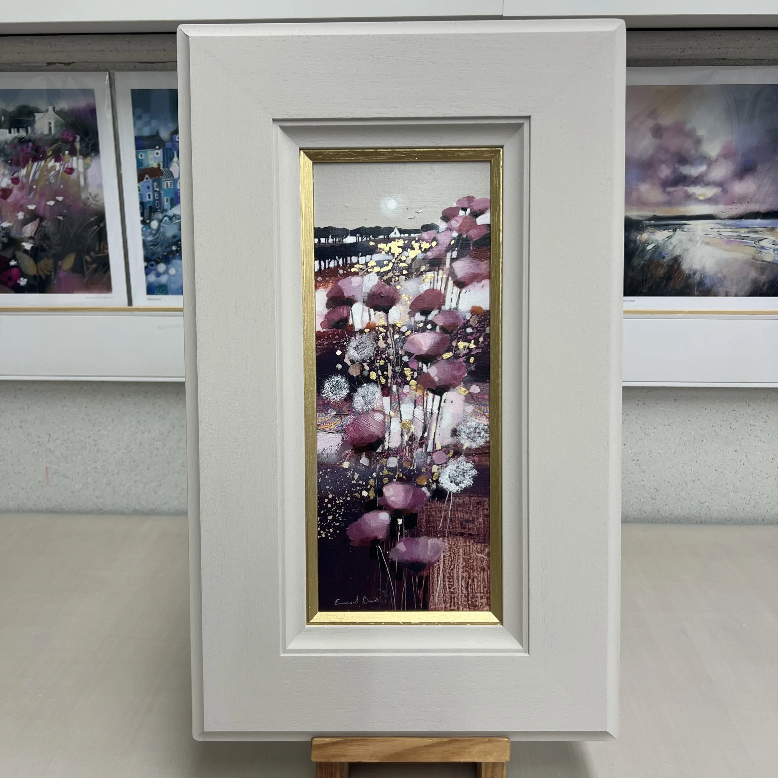 Blowing in the Wind original Scottish wildflower landscape painting with gold leaf. Framed view.