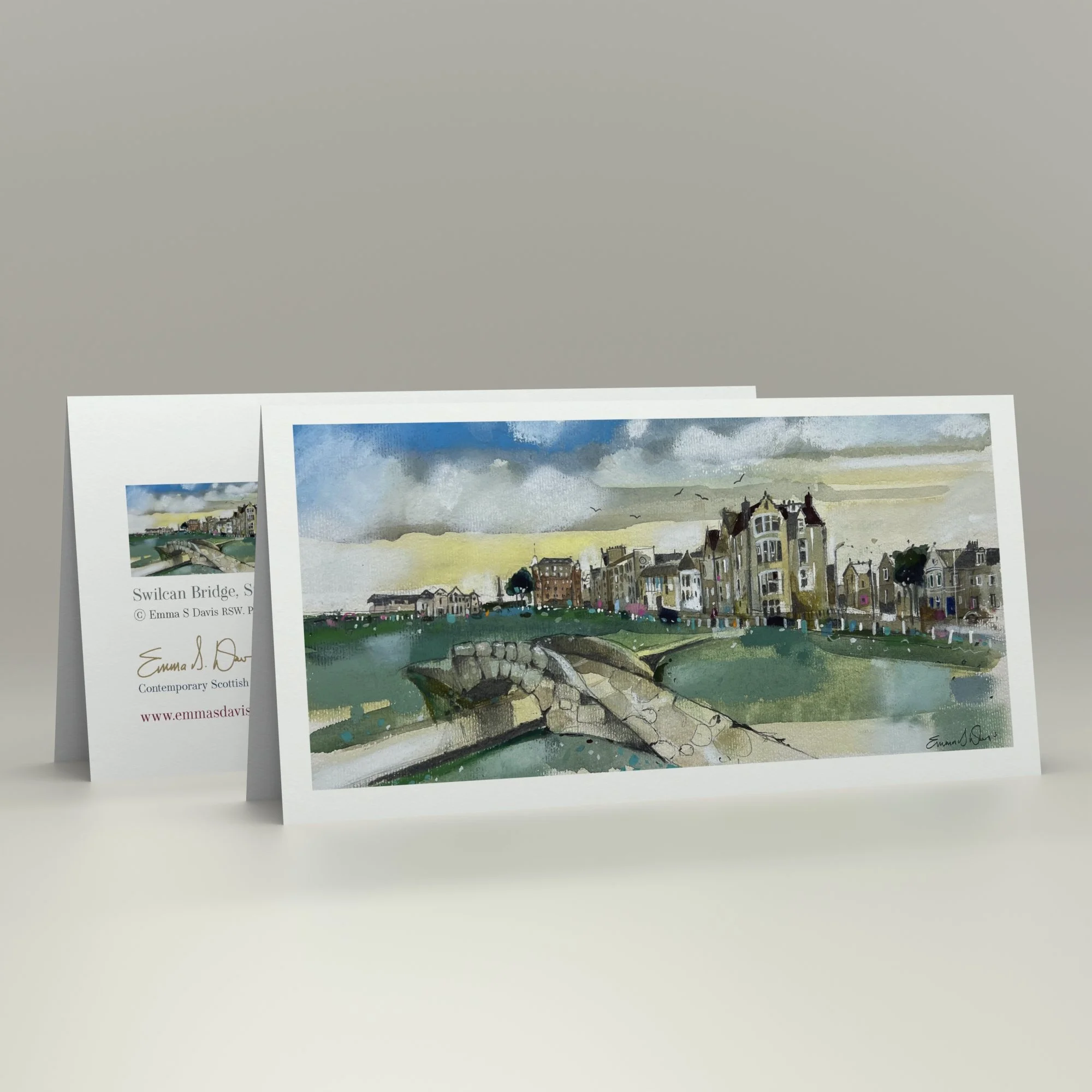 Swilcan Bridge St Andrews greeting card with Old Course and clubhouse by Scottish Landscape Artist Emma S Davis.