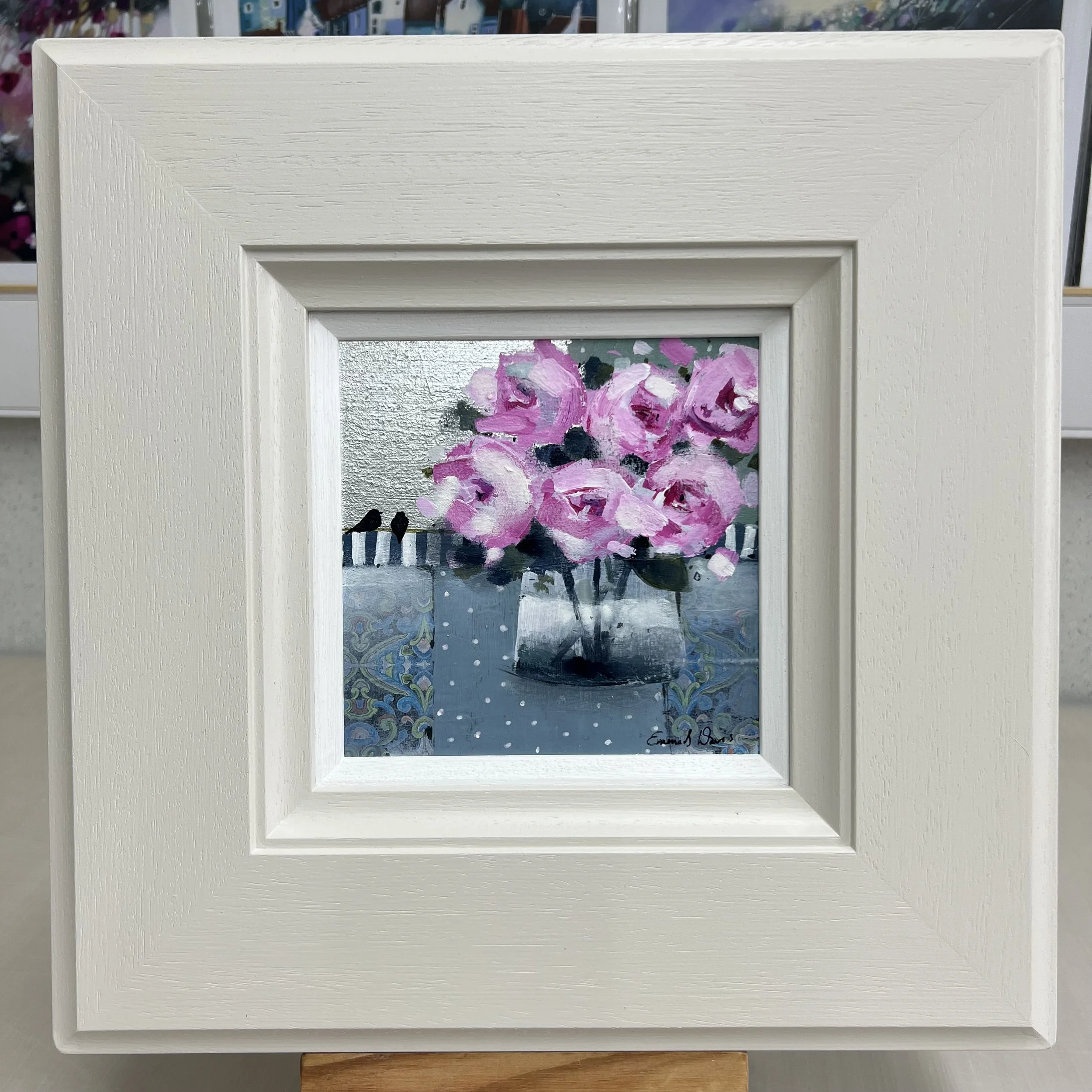 Framed original pink rose painting Sent with Love by Emma S Davis