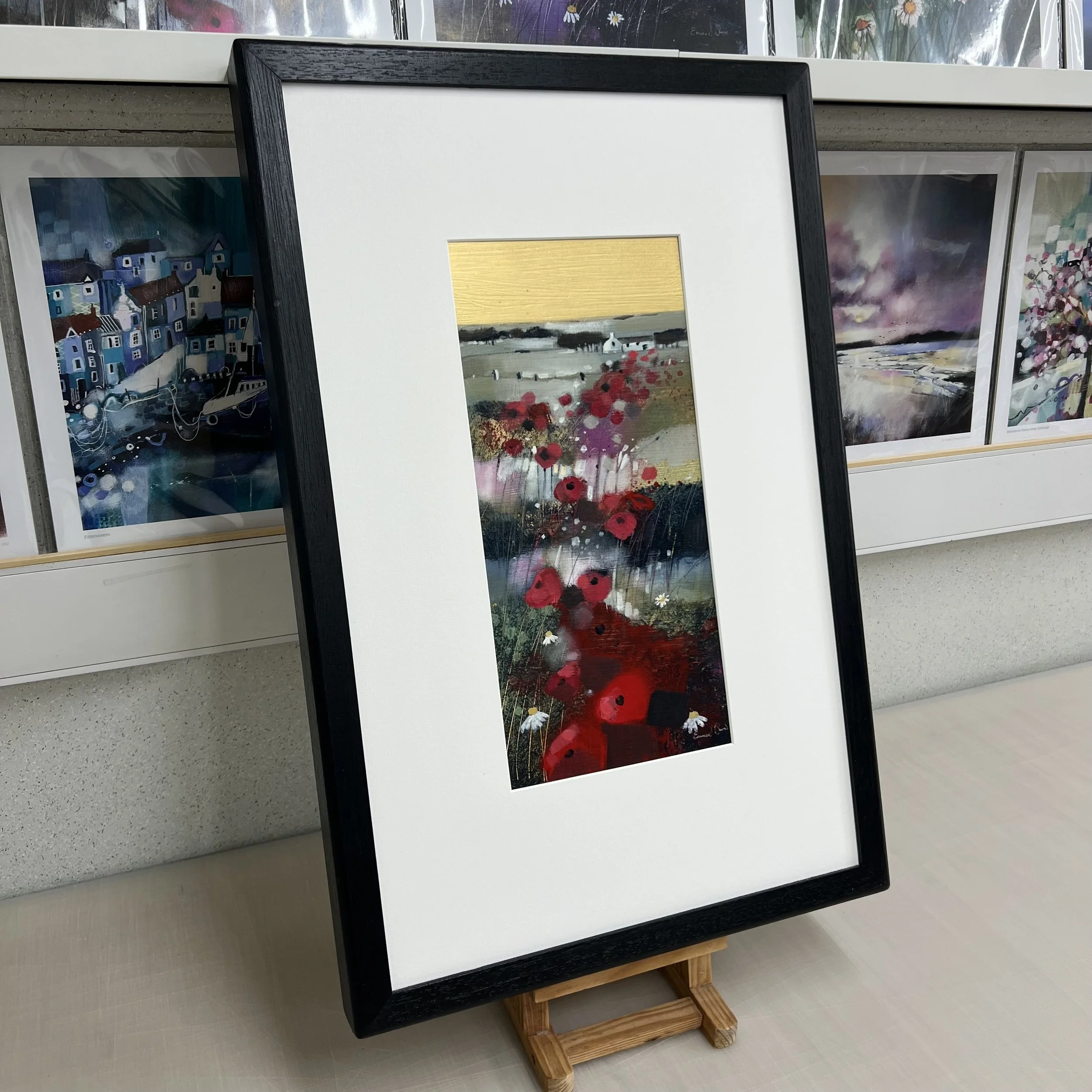 Framed original East Neuk landscape painting East Neuk Poppies and Gold by Emma S Davis. Side view.