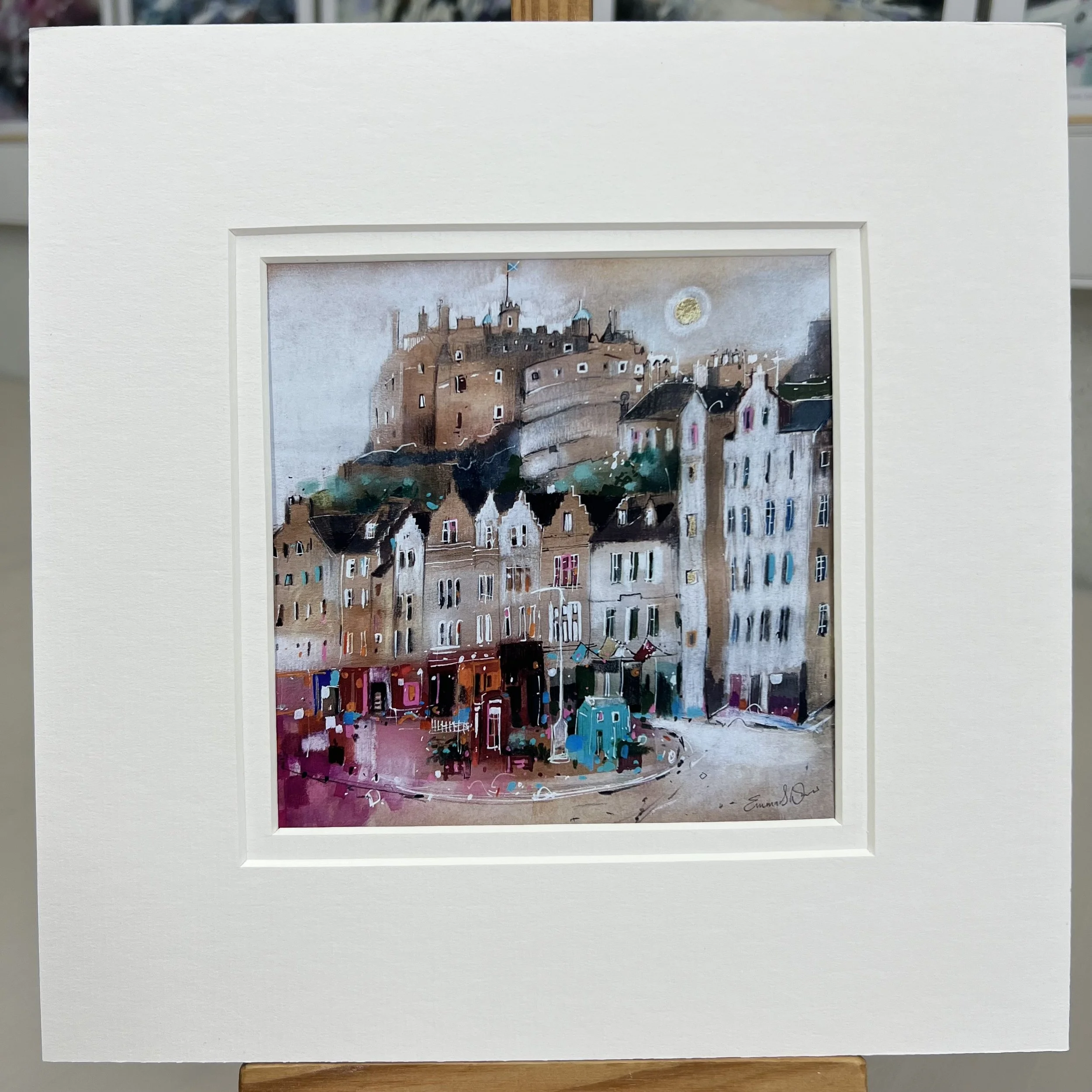 Grassmarket Edinburgh Castle Art Greeting Card by Scottish Landscape Artist Emma S Davis. Mounted option.
