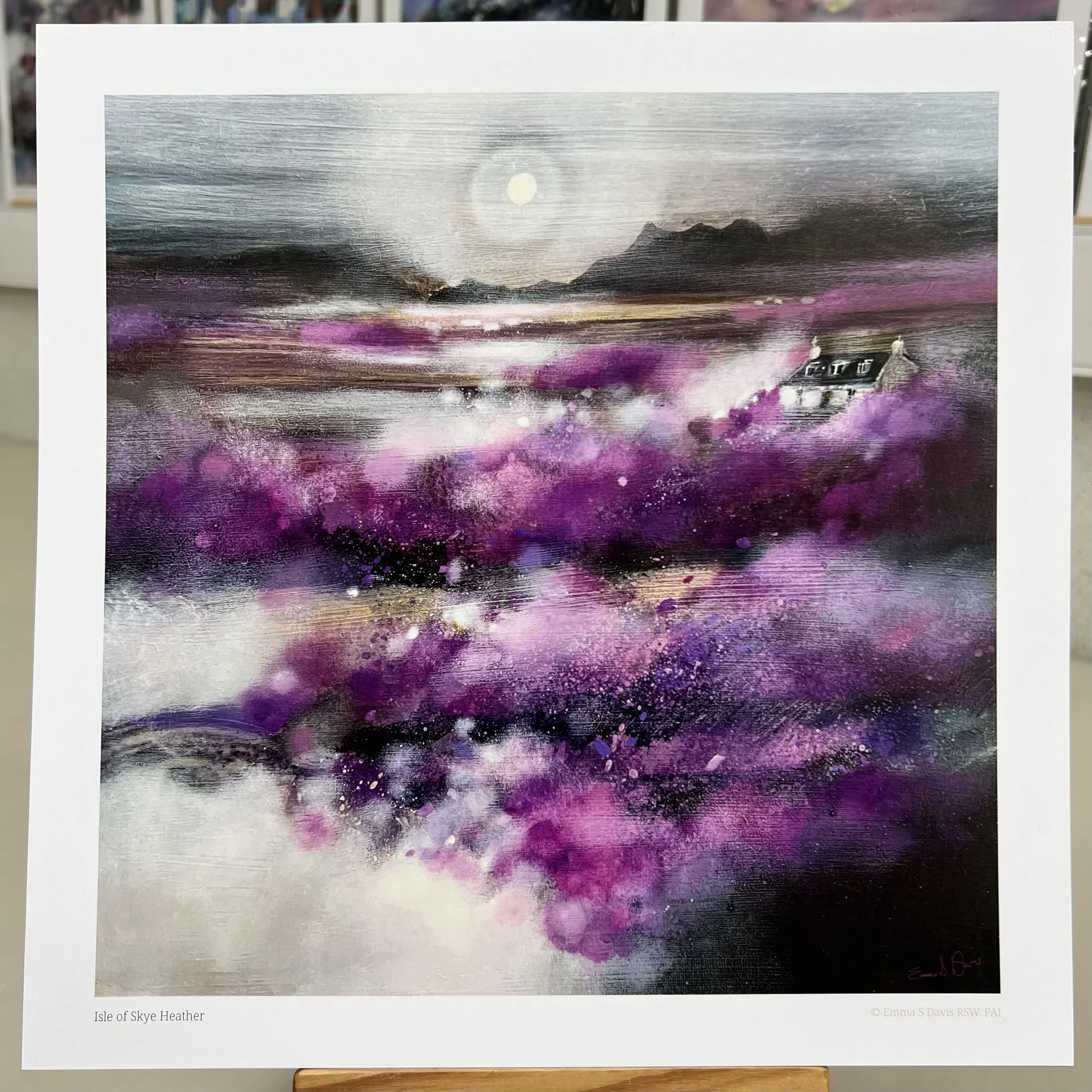 Isle of Skye Heather Scottish landscape artwork featuring purple heather inspired by the Isle of Skye by Emma S Davis Artist. Print only.