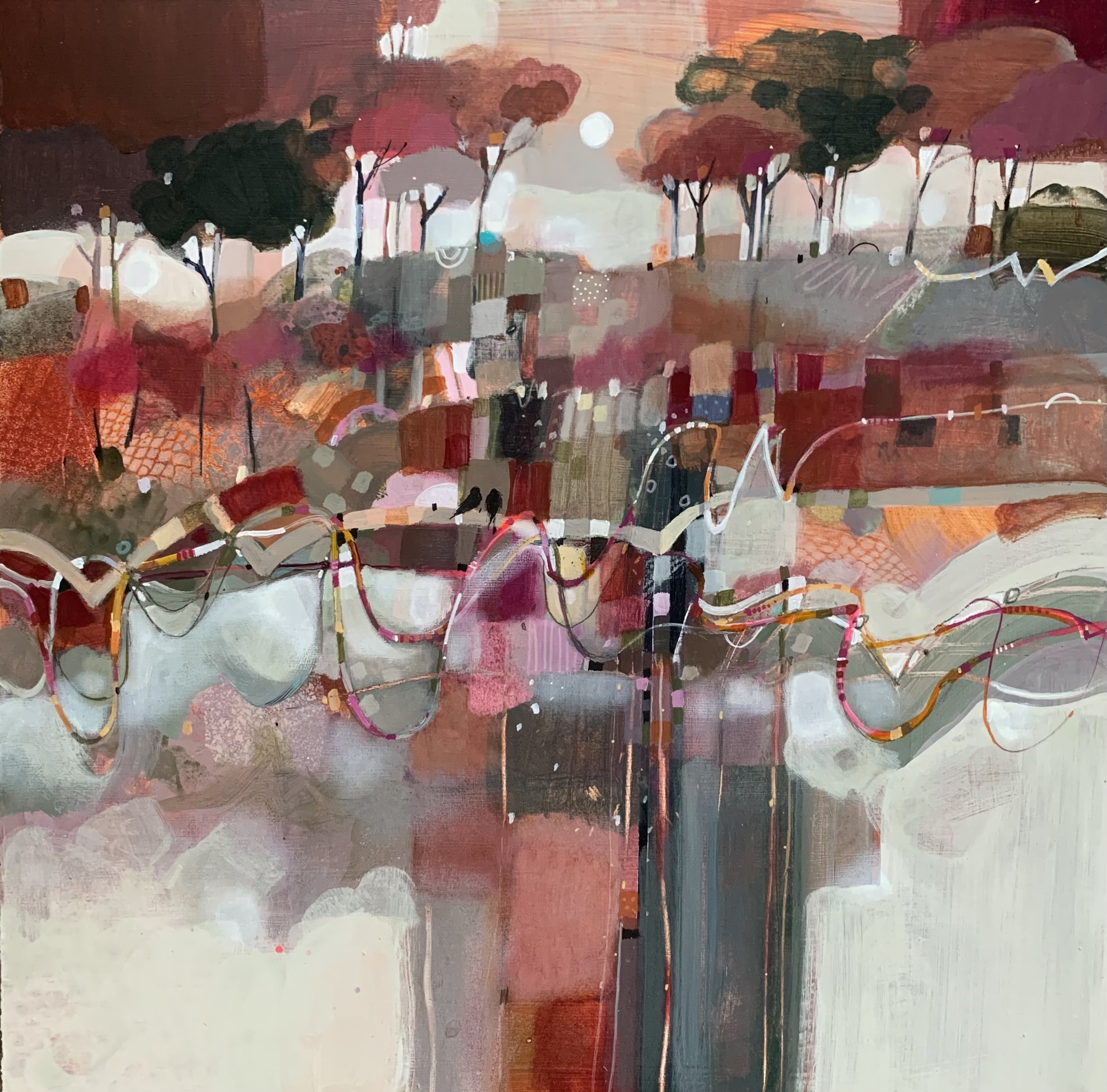Original abstract landscape painting titled Side by Side featuring two birds within a contemporary landscape by Emma S Davis