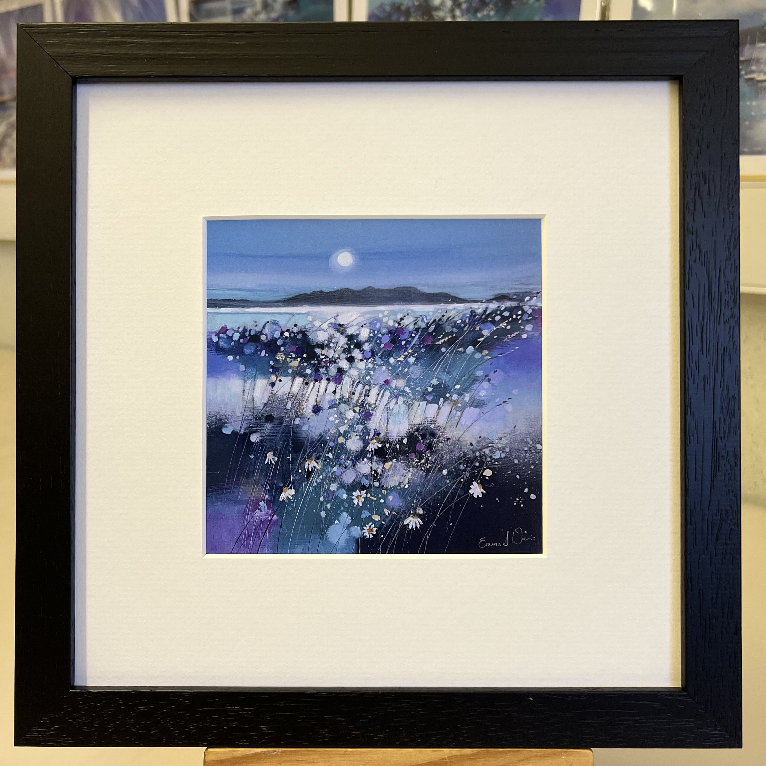 'Moonlight & Arran' framed art card by Emma S Davis Scottish landscape artist framed in black