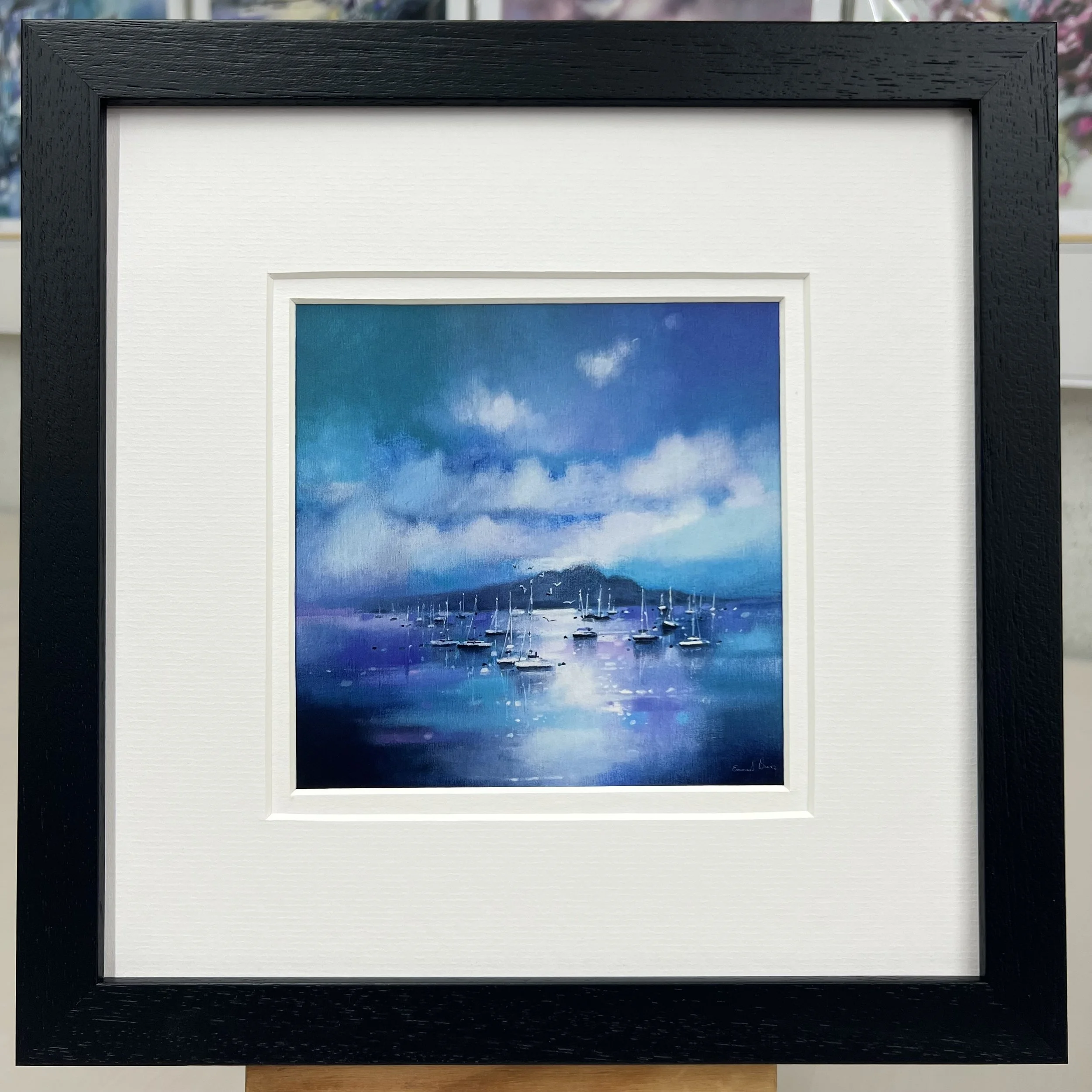 Framed Art Card Arran, Holy Isle, Lamlash Bay by Scottish Landscape Artist Emma S Davis. Black Frame Double Mount